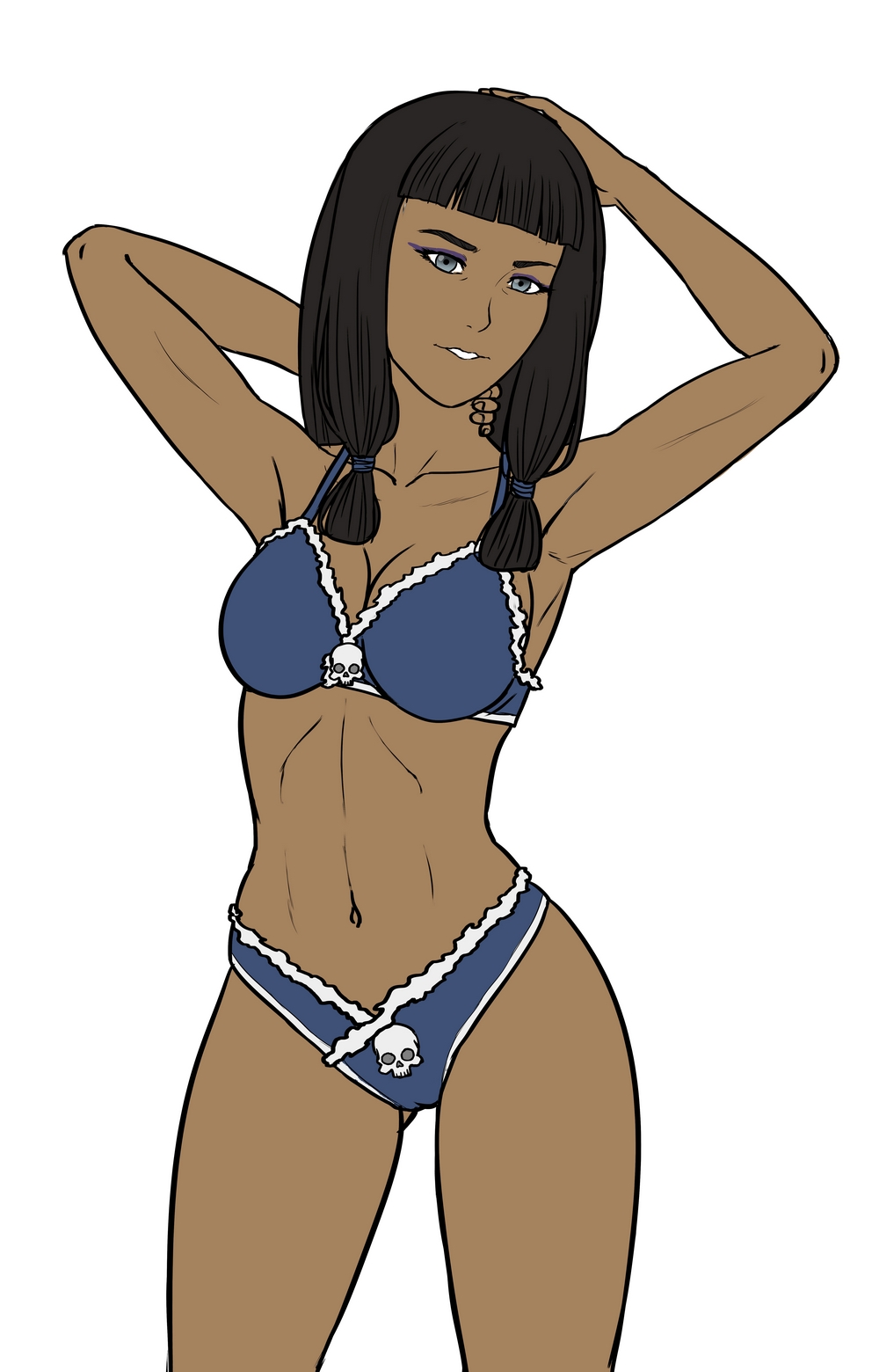 1girls arms_behind_head avatar_legends blue_bra blue_panties blue_underwear bra breasts curvaceous curvy curvy_body curvy_figure curvy_hips dark-skinned_female dark_hair dark_skin eska female female_focus female_only long_hair looking_at_viewer medium_breasts panties reptileye the_legend_of_korra underwear underwear_only water_tribe