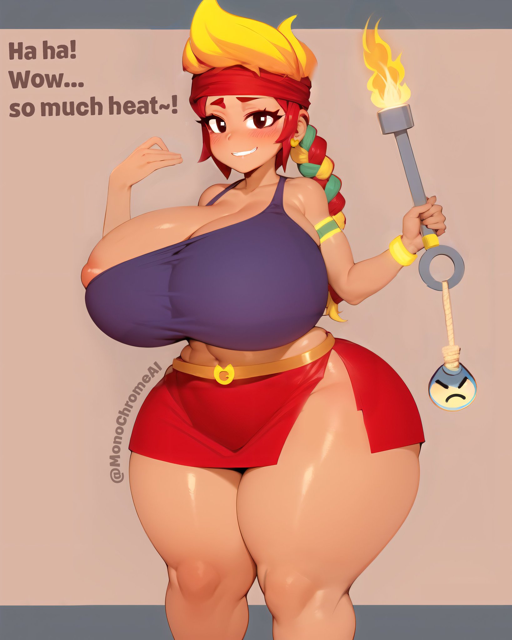 ai generated, amber (brawl stars), ass, big breasts, brawl stars, breasts, brown eyes, female, headband, huge ass, huge breasts, monochrome ai, red hair, shirt, skirt, thick thighs