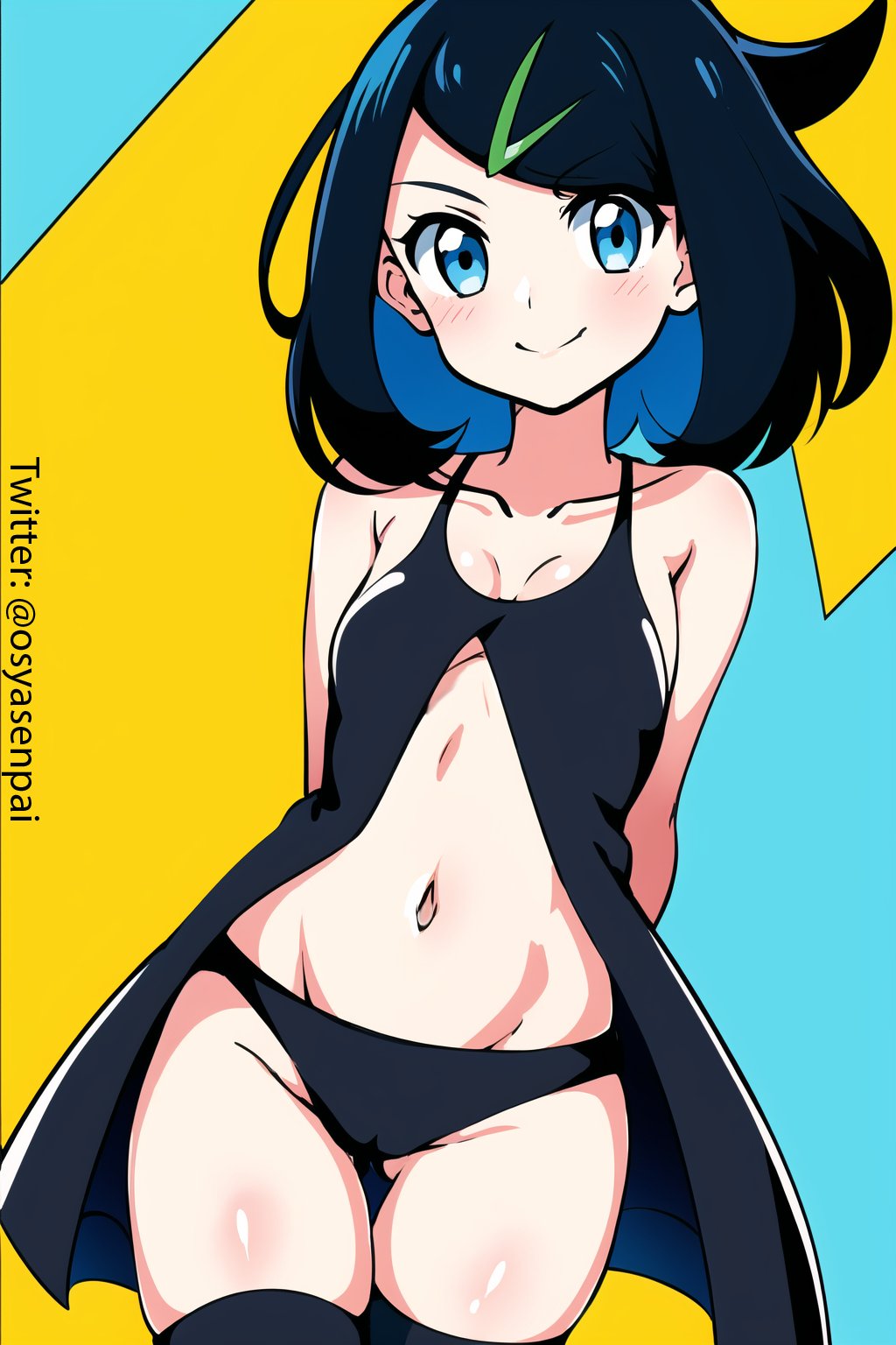 ai generated, bikini, black bikini, black swimsuit, blue hair, breasts, dark hair, female, female only, liko (pokemon), looking at viewer, osyasenpai, pokemon, pokemon (anime), pokemon horizons, small breasts, smile, solo, solo female, stable diffusion, swimsuit, thighs