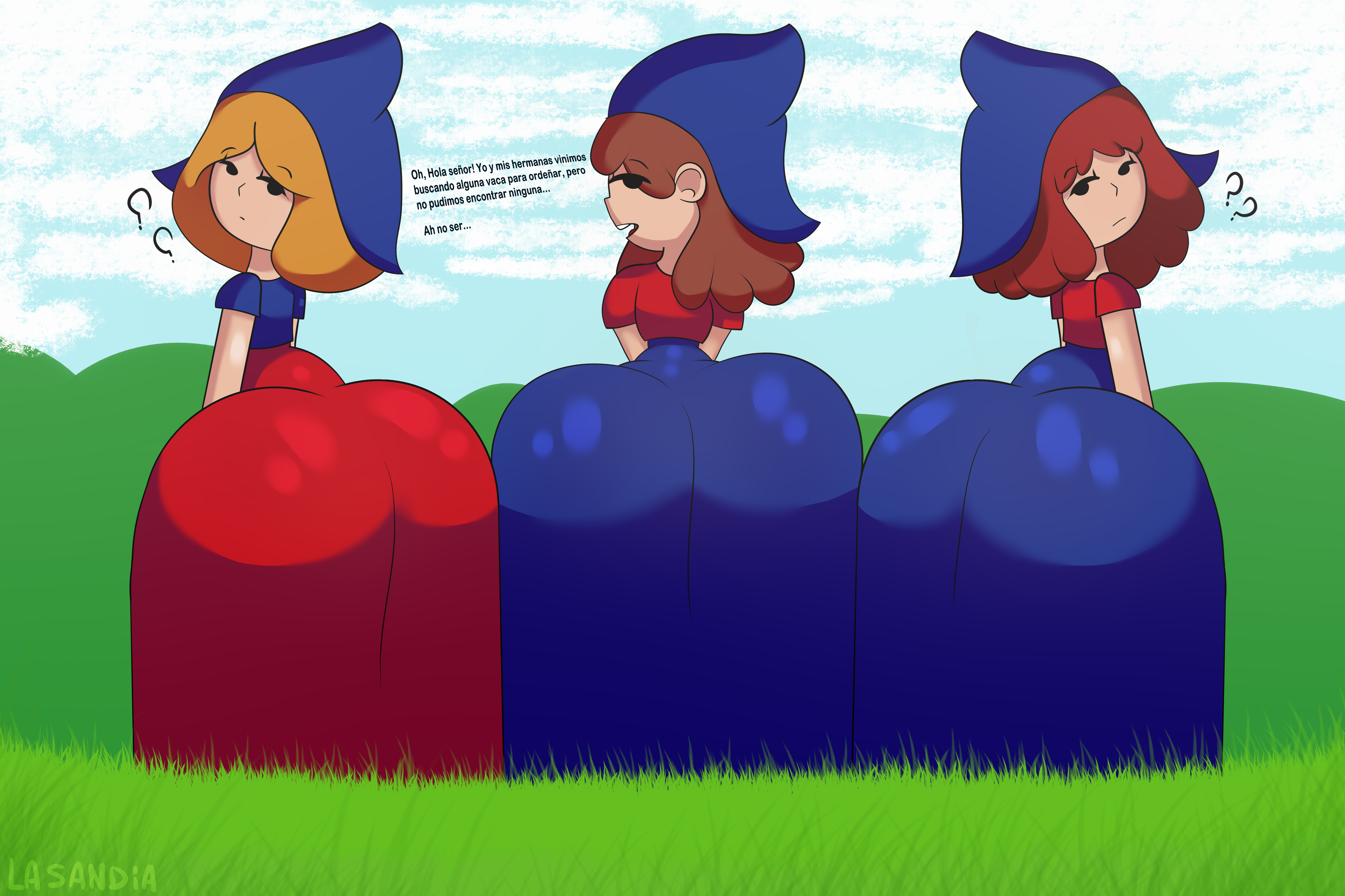 ?, ??, 2023, 3girls, aged up, alternate version at source, alternate version available, argentina, ass, background, big ass, big butt, blonde female, blonde hair, blue clothes, blue clothing, blue shirt, brown hair, bubble ass, bubble butt, clothed, clothing, dialogue, fat ass, female, flat chest, flat chested, ginger, ginger hair, la sandia, las tres niñas (company), mascot, milkgirl 1 (tresniñas), milkgirl 2 (tresniñas), milkgirl 3 (tresniñas), mountain, multiple females, multiple girls, no sex, red clothes, red clothing, red hair, red shirt, shortstack, spanish text, text