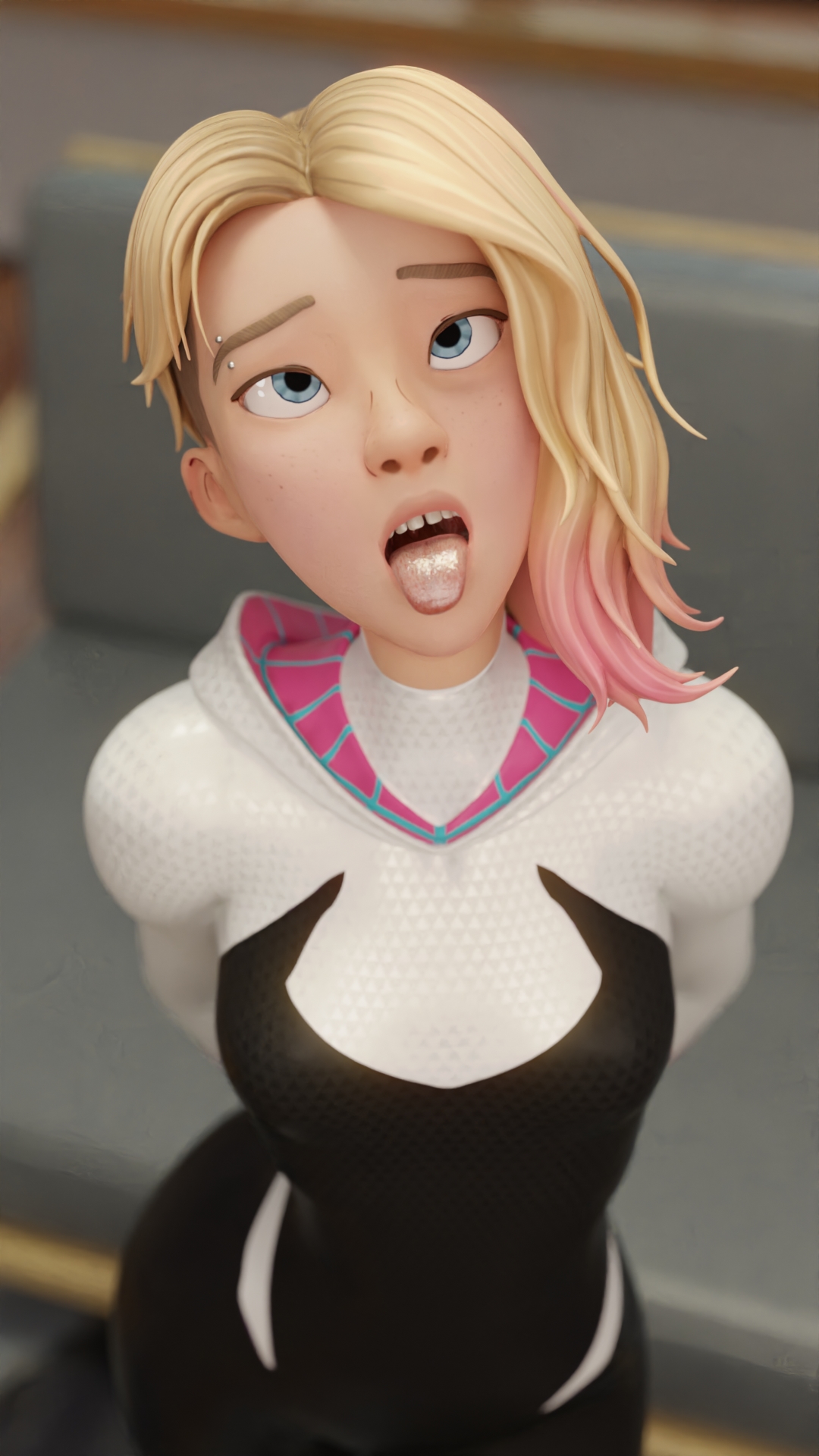 1girls, 3d, ahe gao, blender, blonde hair, blue eyes, breasts, clothed, eyebrow piercing, female, female focus, female only, fortnite, greyarea55, gwen stacy, marvel, marvel comics, multicolored hair, piercing, small breasts, solo, spider-gwen, spider-man (series), tongue, tongue out