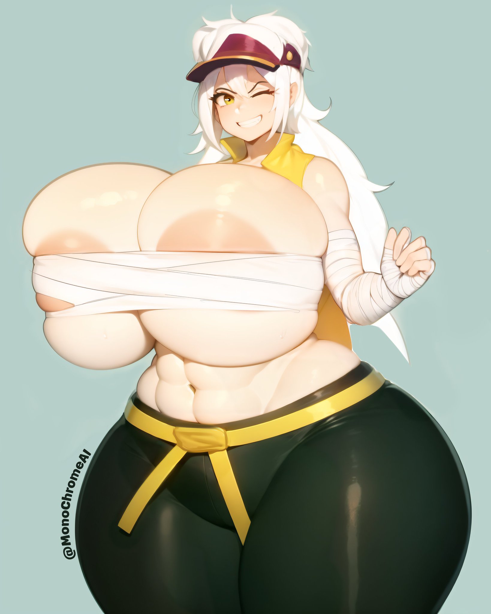 ai generated, belt, big areola, bondage, brawl stars, breasts, cap, fang (brawl stars), female, green eyes, huge breasts, leggings, monochrome ai, pale skin, rule 63, thick thighs, white hair, wide hips