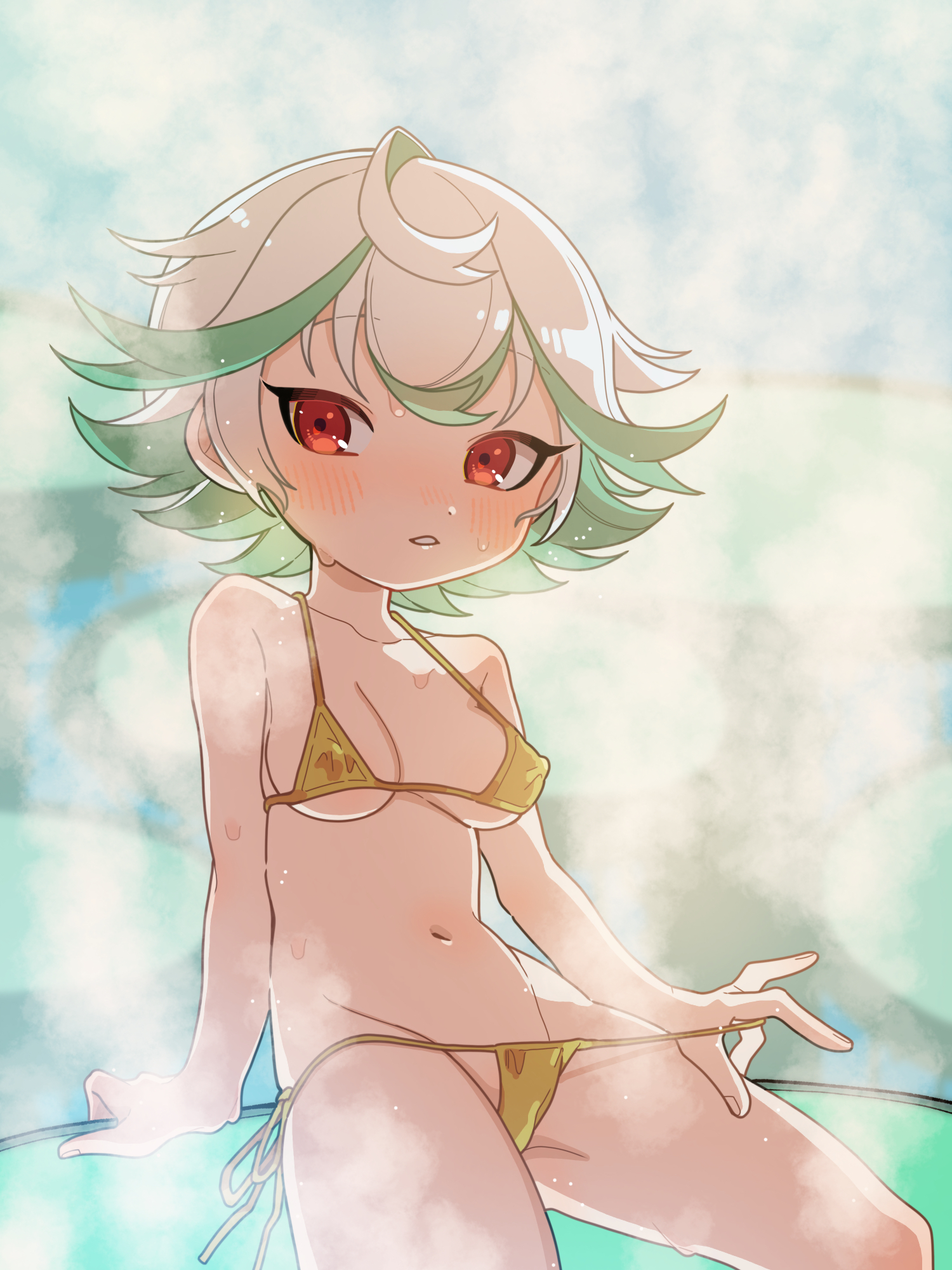 bikini, bikini pull, blush, breasts, cleavage, female, female only, green hair, hiiragi heise, hot spring, made in abyss, medium breasts, nipple bulge, prushka, red eyes, short hair, side-tie bikini, sitting, solo, spiky hair, steam, swimsuit, two-tone hair, underboob, yellow bikini