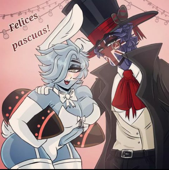 2boys argentina_(countryhumans) belt blue_hair blue_skin bowtie bunny_ears bunnysuit countryhumans easter egg femboy hat low_res male male_only monacle multicolored_skin pink_background simple_background small_image spanish_text suit text tophat trench_coat united_kingdom_(countryhumans)