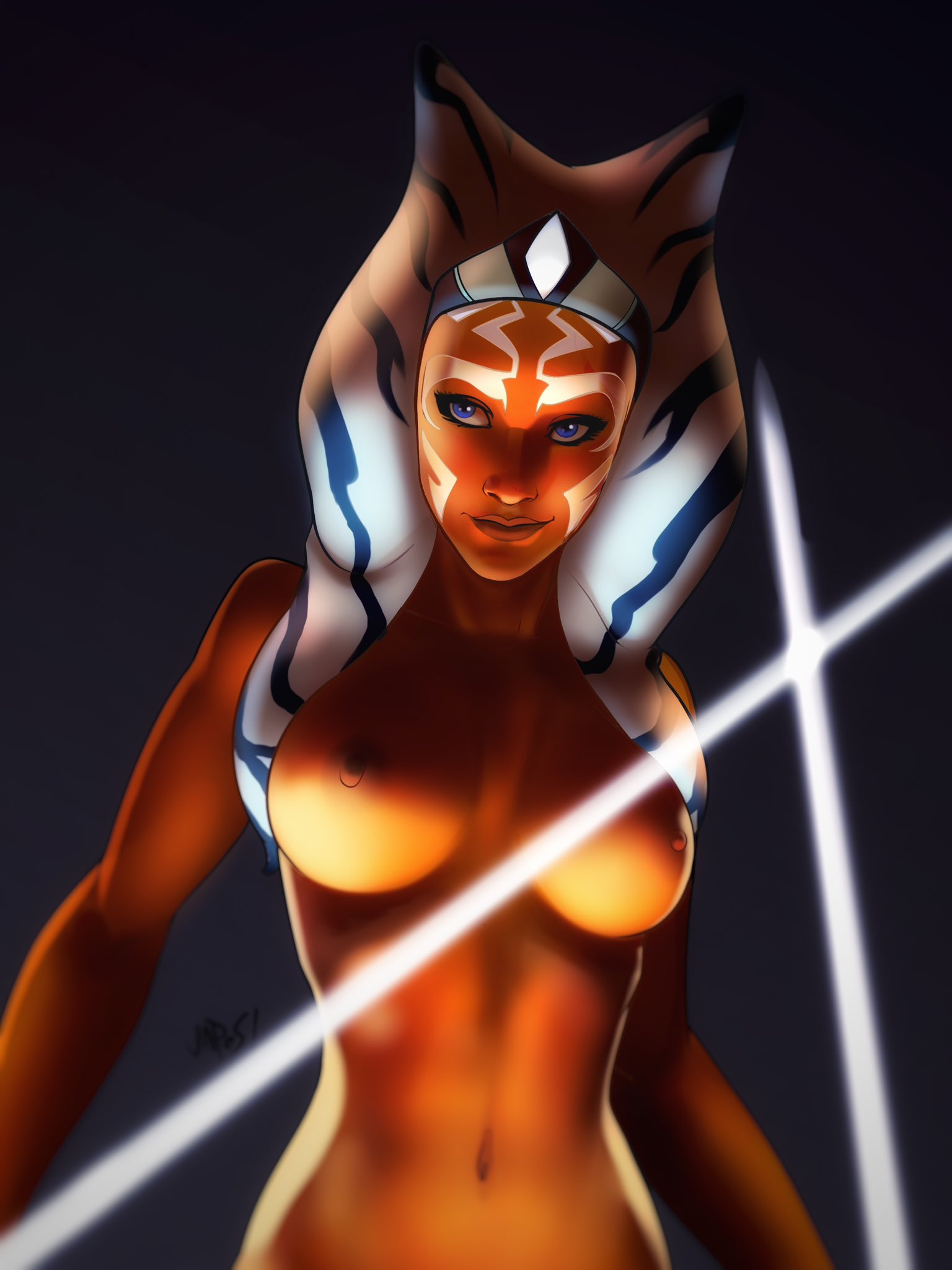 1girls ahsoka_tano alien alien_girl alien_humanoid athletic_female big_breasts black_background blue_eyes blush breasts female_focus female_only japes jedi lightsaber navel nipples nude orange_skin pose simple_background skinny smile solo star_wars star_wars_rebels togruta watermark