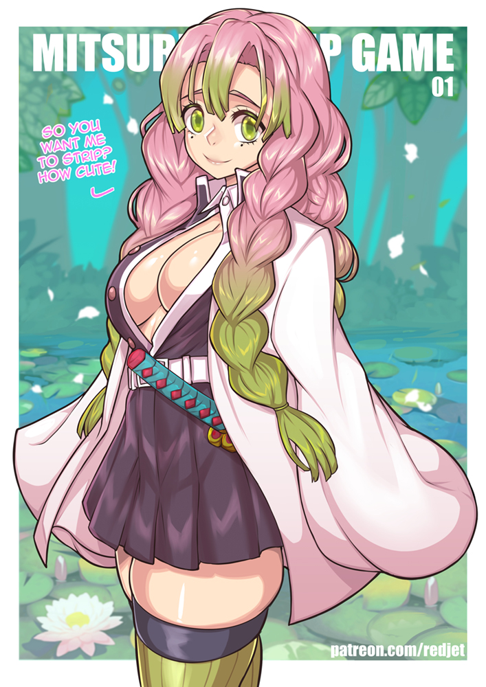 1girls, breasts, cleavage, clothed, comic, cute, demon slayer, english text, female, female focus, female only, green hair, hair, kanroji mitsuri, kimetsu no yaiba, page 1, pink hair, pink-haired female, redjet, strip game, thick thighs, thighs
