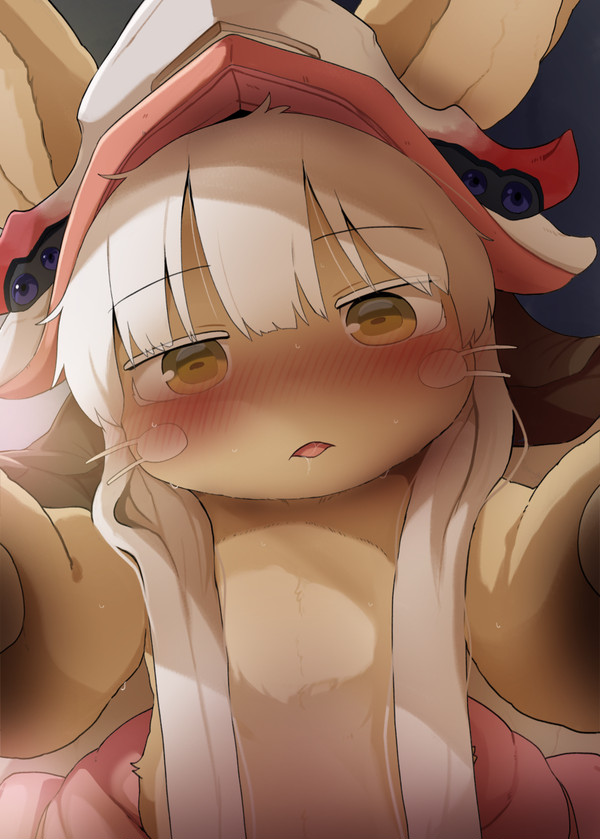 2_tone_fur ambiguous_gender blush brown_fur bunny_ears dagasi first_person_view green_eyes helmet inevitable_kiss leaning_forward leaning_towards_viewer light_brown_fur looking_at_viewer looking_down_at_viewer made_in_abyss nanachi narehate nervous open_mouth over_viewer pinned_down sweatdrop sweating white_hair