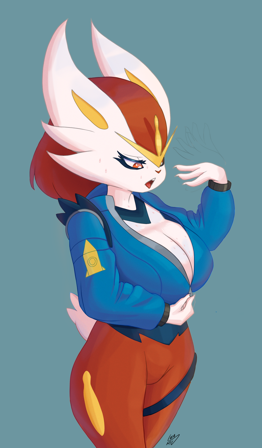 1girl 1girls 2023 2023s absurd_res absurdres anthro anthro_female anthrofied big_breasts blue_background breasts cinderace cleavage clothed clothing cute cute_face digital_drawing_(artwork) digital_media_(artwork) featureless_crotch female female_anthro female_cinderace female_focus female_only fur furry furry_female gen_8_pokemon generation_8_pokemon hi_res holowear_(pokemon) jacket lagomorph leaniv leporid mammal nintendo open_mouth pokémon_(species) pokemon pokemon_(creature) pokemon_(franchise) pokemon_(game) pokemon_(species) pokemon_ss pokemon_sword_&_shield pokemon_swsh pokemon_unite rabbit rabbit_ears rabbit_girl rabbit_tail red_eyes simple_background solo solo_female space_style_cinderace standing sweat sweatdrop tail tongue_out topwear white_body white_fur