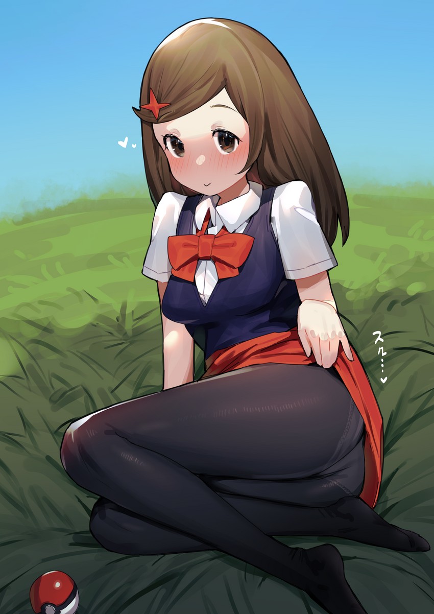 1girls :> adorable ass blush bow brown_eyes brown_hair clothing cute female grass hairclip ie_(raarami) lass_(pokemon) lass_(pokemon_dppt) lifting_skirt light-skinned_female light_skin looking_at_viewer medium_breasts medium_hair npc_trainer on_grass on_ground outside panties panties_under_pantyhose pantyhose pokeball pokemon pokemon_dppt pose pov pov_eye_contact school_uniform schoolgirl shirt skirt skirt_lift skirt_up sky slender_legs solo stockings teasing thighs upskirt