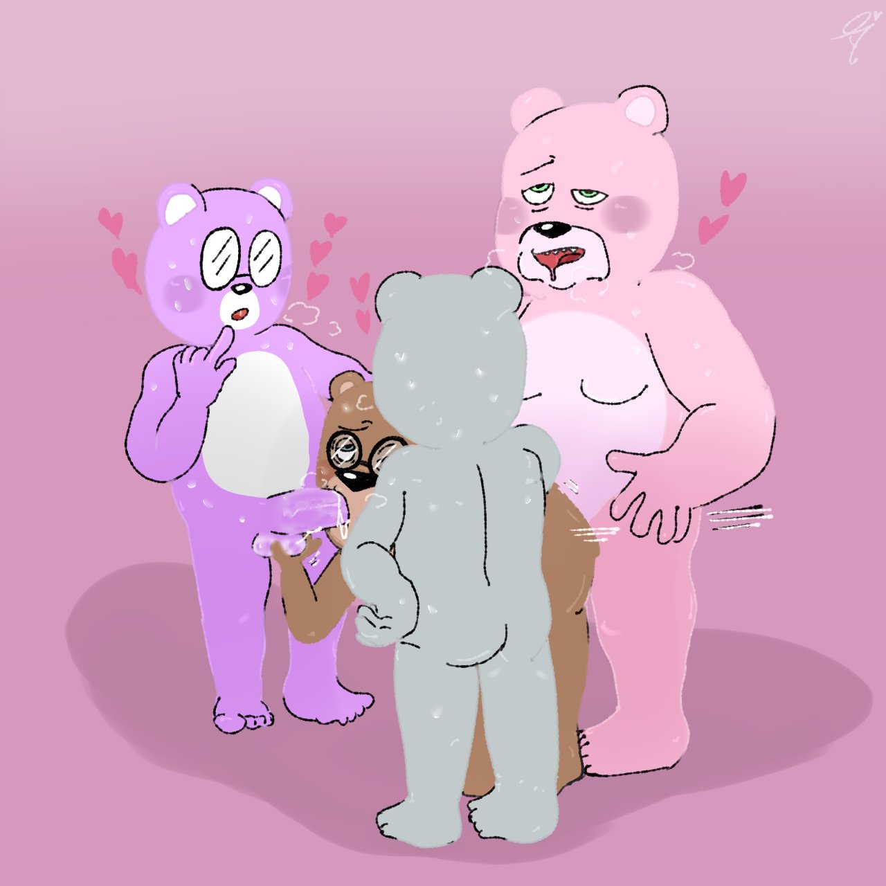 2023 anal anthro balls bear blush bodily_fluids brown_body capitan_hocicos comandante_fluffy coronel_otto erection eyewear genitals glasses grey_body group hi_res male mammal moobs oral padre_(unicorn_wars) penis pink_body purple_body sami_dibuj0s23 slightly_chubby sweat unicorn_wars