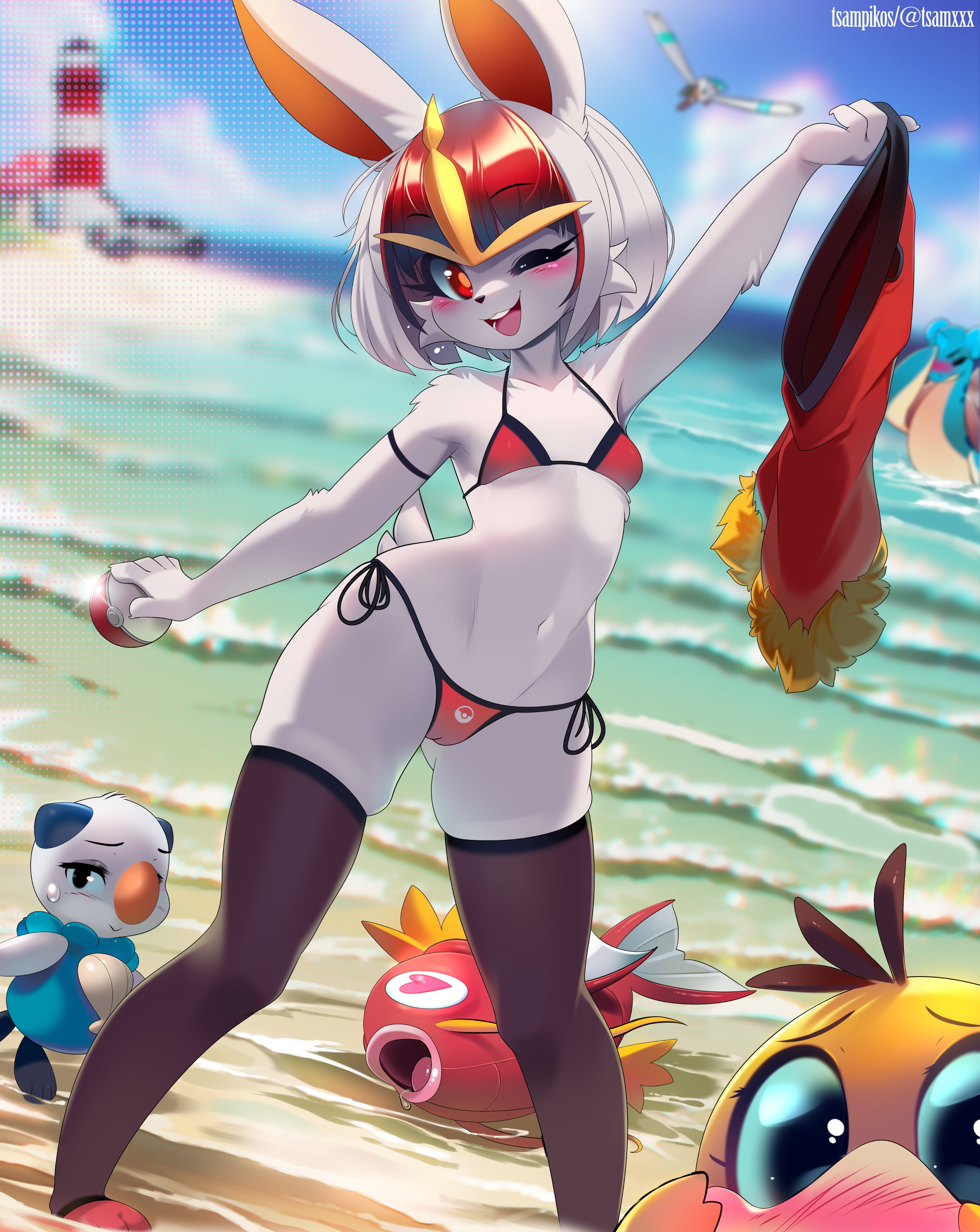 1girls, 4k, absurd res, anthro, beach, bikini, breasts, cinderace, clothing, detailed background, discarded clothing, eyelashes, female, fur, furry, highres, holding object, lagomorph, lapras, lighthouse, magikarp, micro bikini, nintendo, open mouth, oshawott, pokemon, pokemon (species), posing, psyduck, red bikini, red eyes, small breasts, smooth skin, thighhighs, truck, truck (vehicle), tsampikos, white fur, wide hips, wink