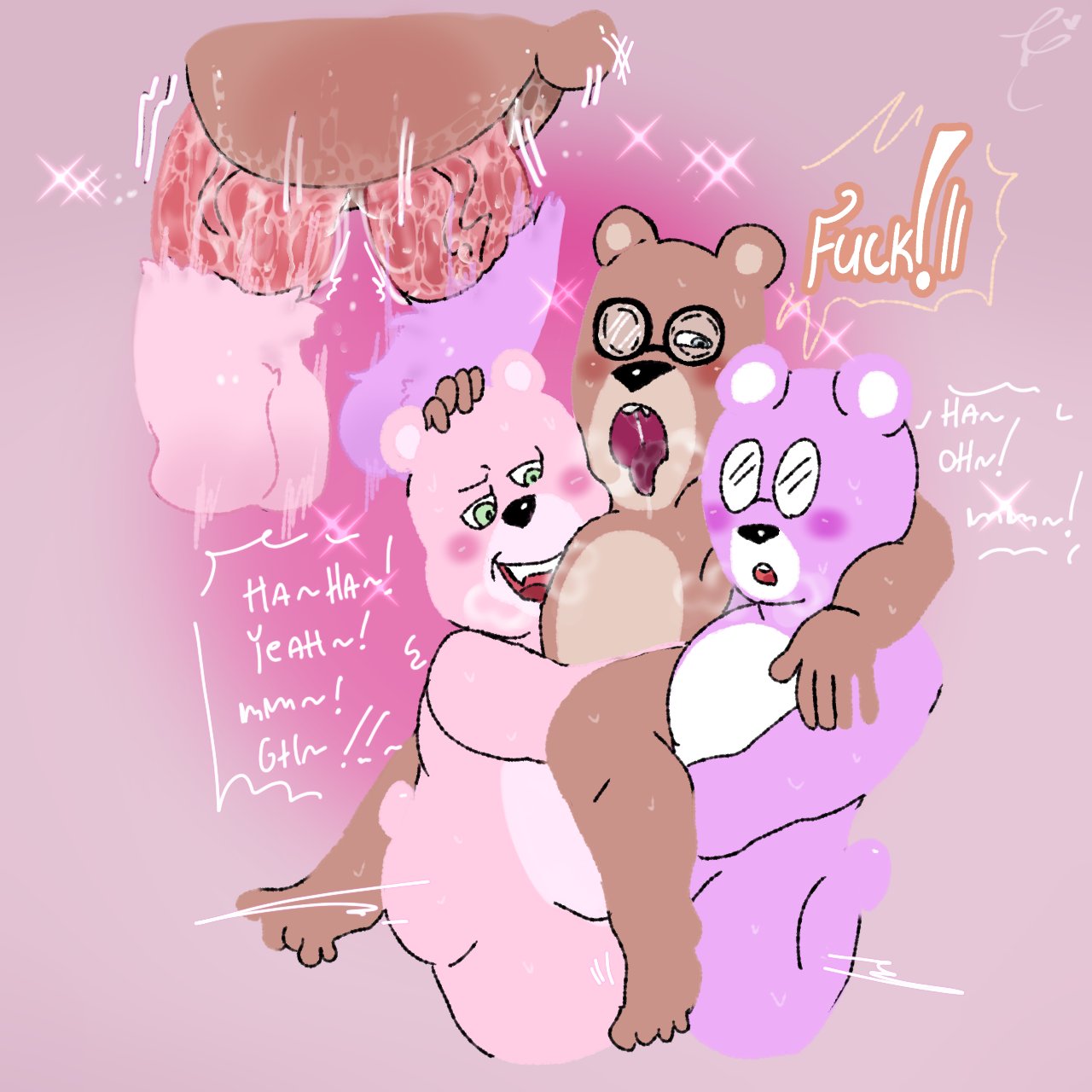 2023 anthro balls bear blush brown_body capitan_hocicos comandante_fluffy dialogue english_text erection eyewear genitals glasses group group_sex hi_res humanoid_hands male mammal padre_(unicorn_wars) penis pink_body purple_body sami_dibuj0s23 sex slightly_chubby text threesome unicorn_wars