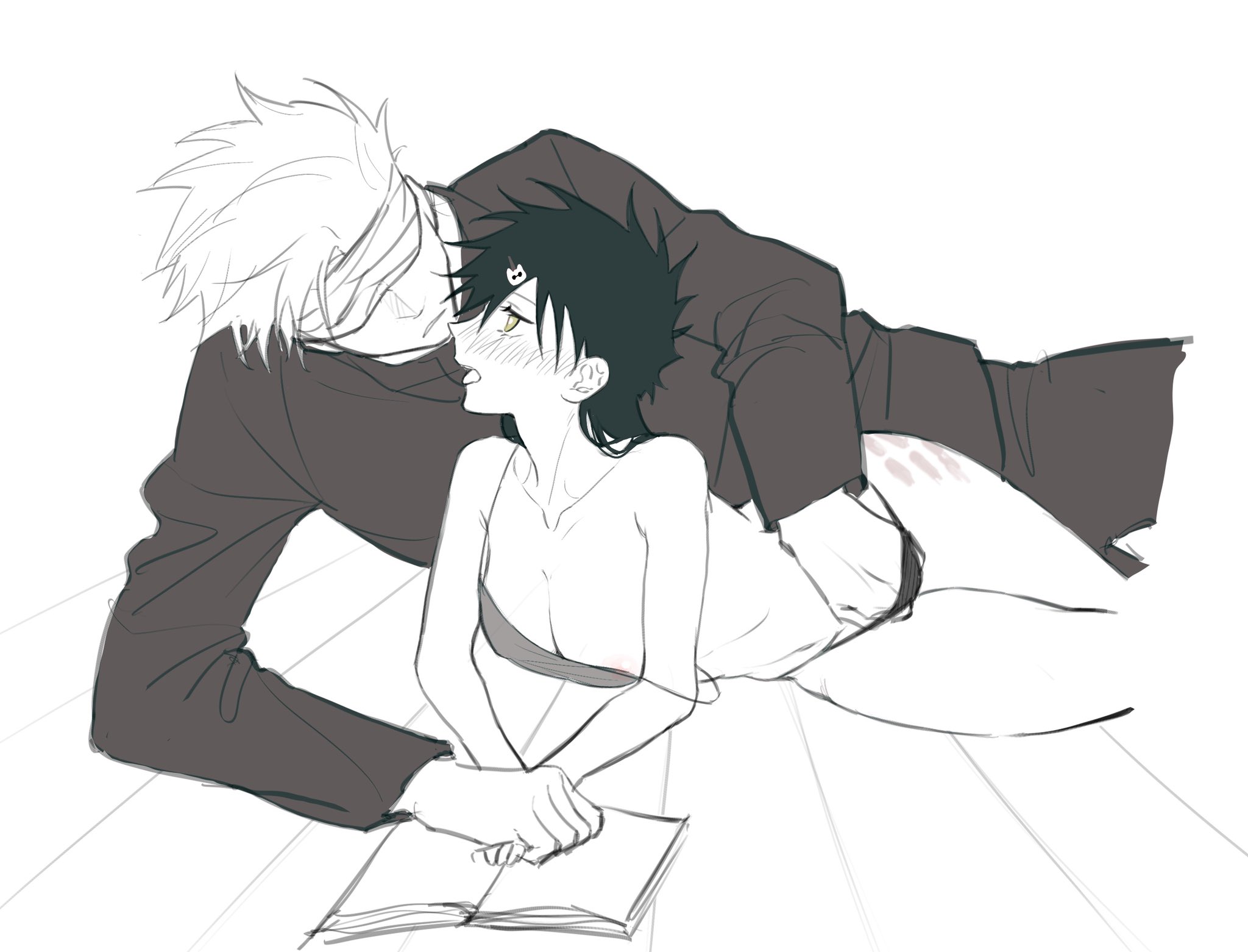 areola slip, bandages, black hair, black panties, blindfold, blush, breasts, cgsgzy, female, fushiguro megumi, genderswap, genderswap (mtf), green eyes, hairclip, hand in panties, handprint, handprint on ass, jujutsu kaisen, panties, rule 63, satoru gojo, spank marks, straight, tank top, thighs, white hair