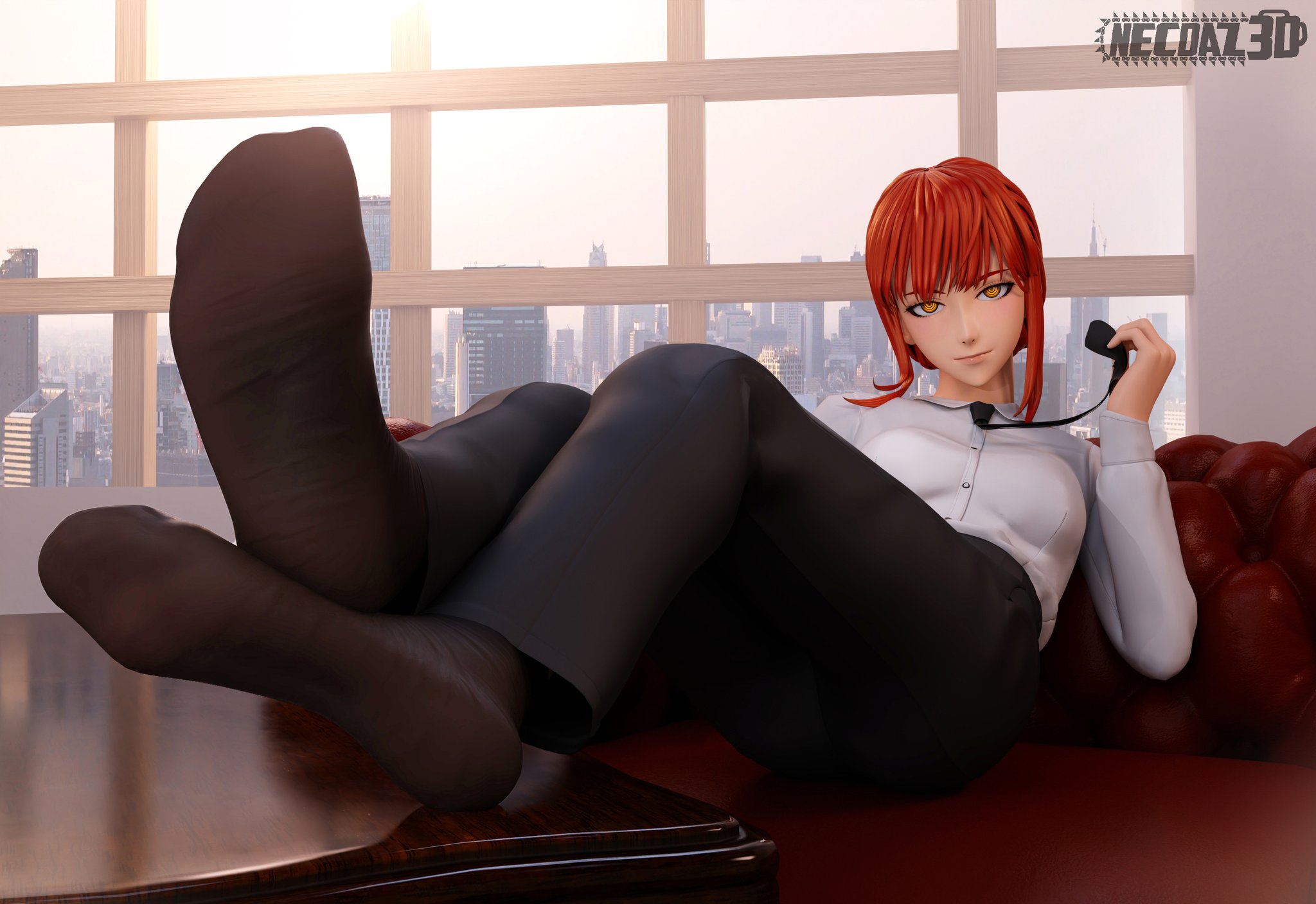 1girls, 3d, 3d (artwork), alternate version available, chainsaw man, clothed, clothing, feet, female, female only, foot fetish, footwear, makima (chainsaw man), necdaz91, sock fetish, socks, soles, soles of feet in socks, solo female, solo focus