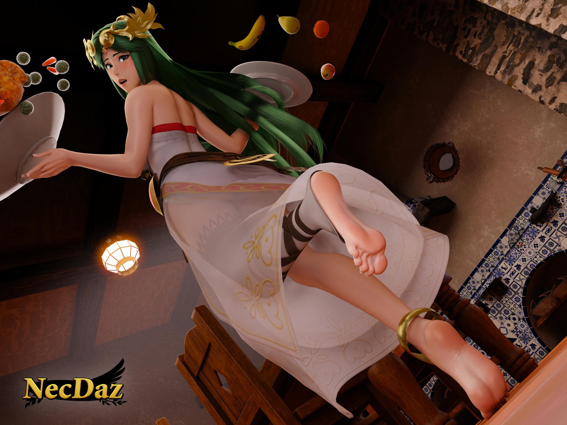 1girls, 3d, 3d (artwork), ankle cuffs, anklet, barefoot, clothed, clothing, digital media (artwork), feet, female, female only, food, foot fetish, green hair, headwear, kid icarus, kid icarus uprising, legwear, long hair, necdaz91, nintendo, palutena, soles, solo, solo female, solo focus, tiptoes, toes, watermark