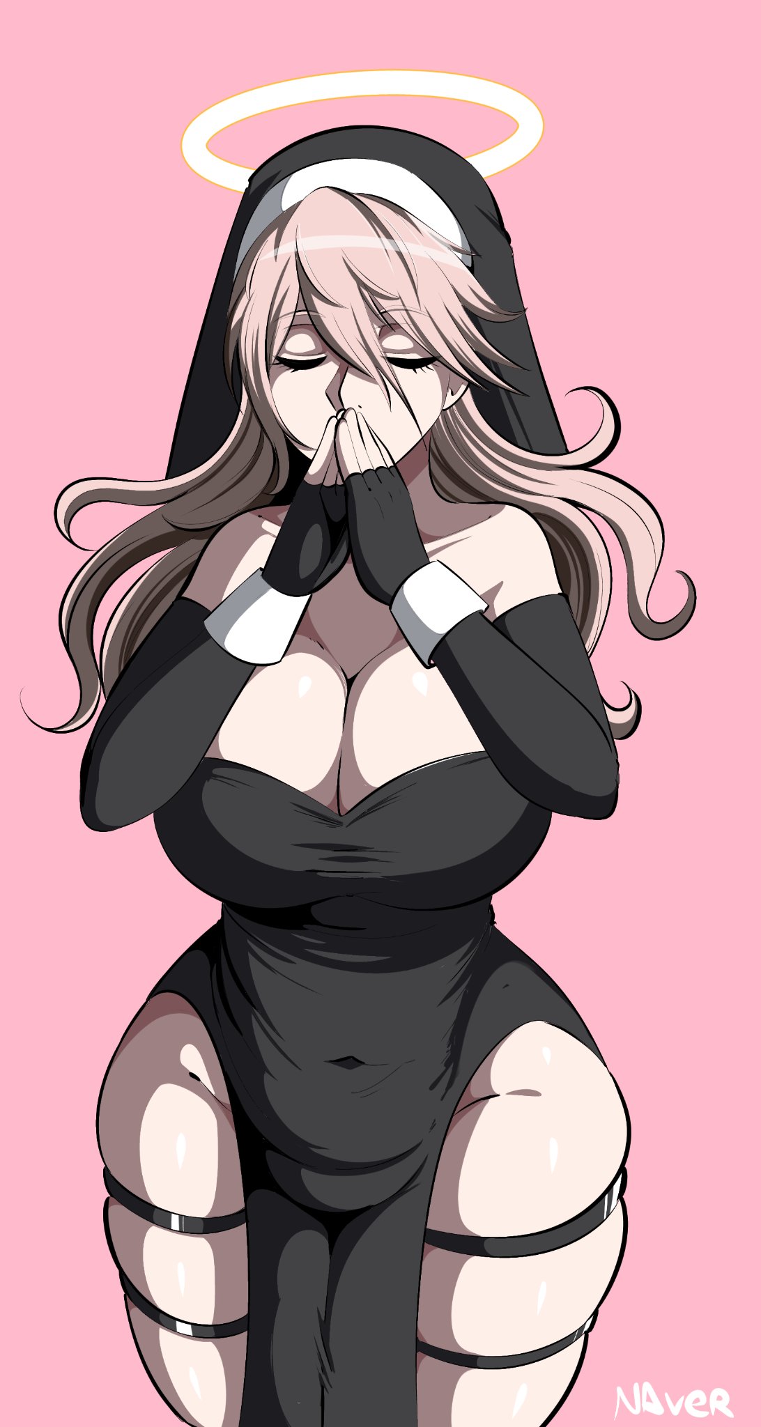 alternate version available, breasts, cleavage, danganronpa, danganronpa v3, female, halo, huge breasts, iruma miu, large breasts, naver, no bra, no panties, nun, nun outfit, smooth skin, thick thighs, thighs