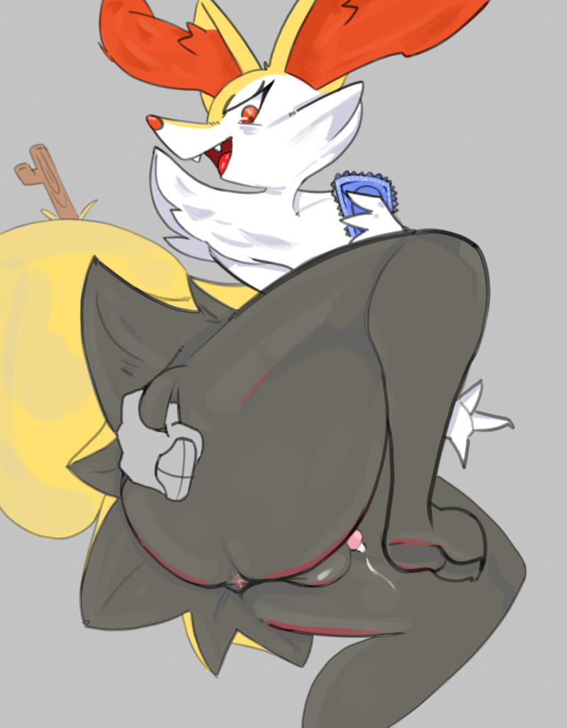 anthro anus ass balls black_body black_fur bodily_fluids braixen butt_grab canid canine condom cum disembodied_hand duo femboy fox fur generation_6_pokemon genital_fluids genitals girly hand_on_butt inner_ear_fluff leaking leaking_cum male male/male mammal nintendo penis pokemon pokemon_(species) sexual_barrier_device simple_background spread_butt spreading tuft vroorv white_body white_fur yellow_body yellow_fur