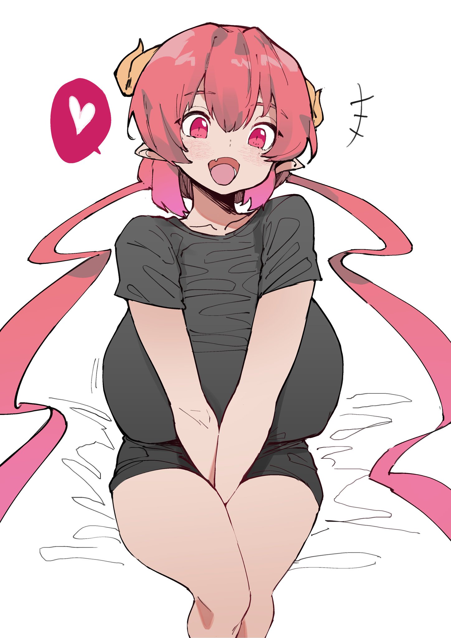 1girls, big breasts, black shirt, breasts, female, female only, heart, ilulu (dragon maid), ilulu (miss kobayashi's dragon maid), miss kobayashi's dragon maid, norman maggot, pink hair, sitting, smile, solo