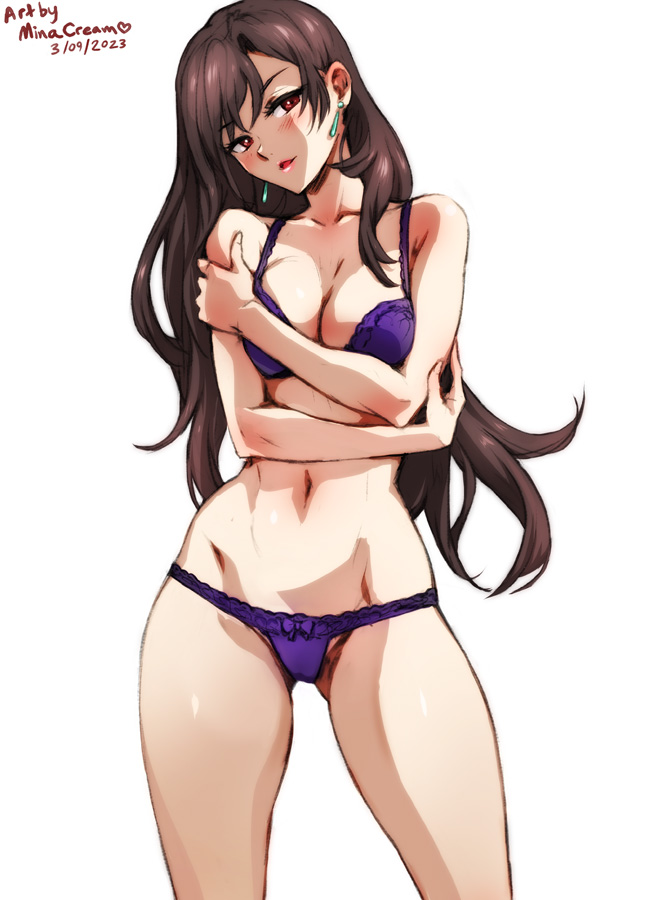 1girls, belly button, blush, bra, breasts, brown hair, brown-haired female, cleavage, female, final fantasy, final fantasy vii, long hair, looking at viewer, minacream, panties, red eyes, smooth skin, solo, tifa lockhart, underwear