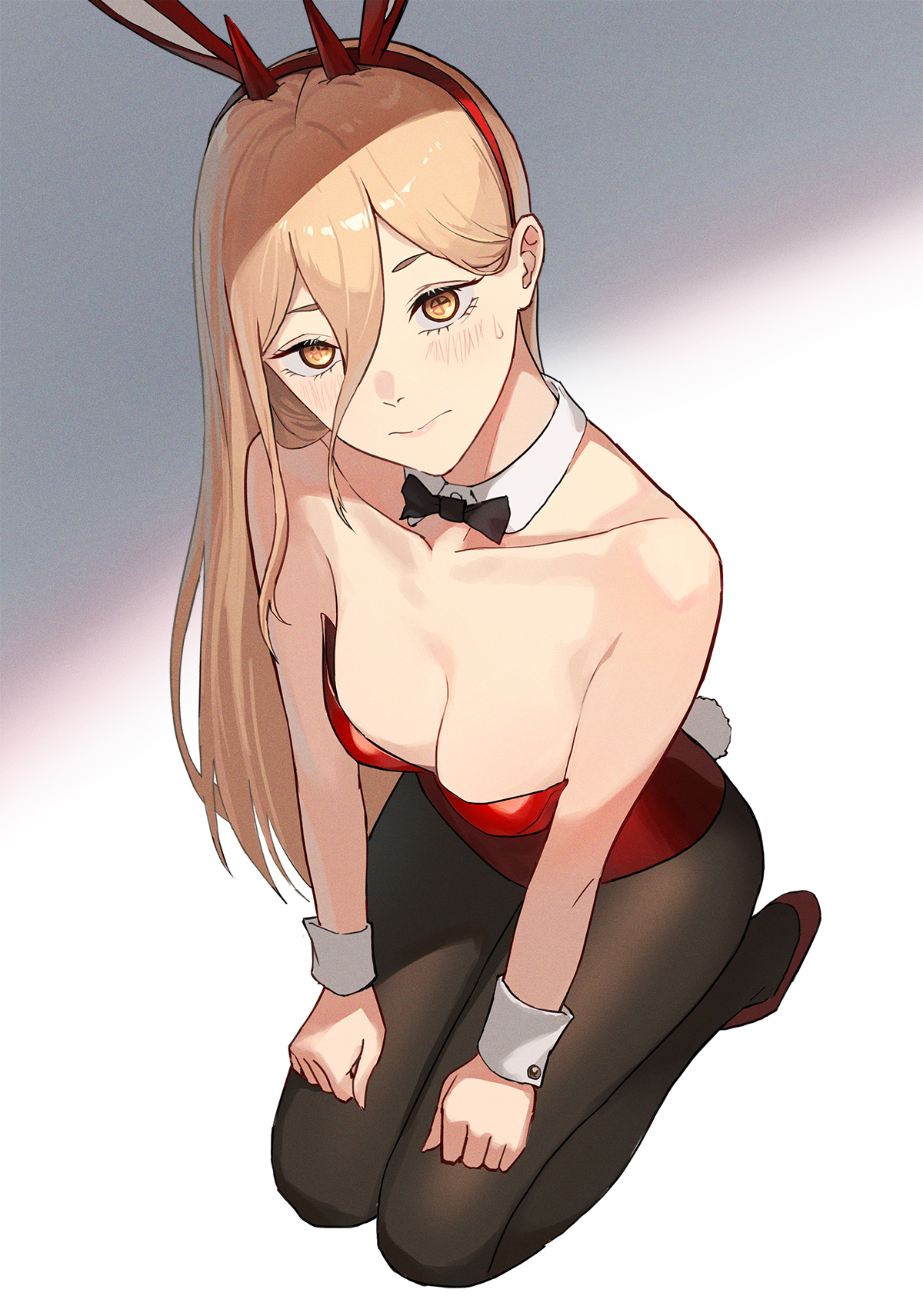1girls, bare shoulders, big breasts, blonde hair, blush, bowtie, bowtie collar, breasts, bunny ears, bunny tail, bunnysuit, chainsaw man, chest, cleavage, collar, collarbone, cuffs, ear, embarrassed, female, female only, hair between eyes, hands on own knees, horns, jason kim, kneeling, legwear, leotard, light skin, light-skinned female, lips, long hair, looking at viewer, pantyhose, power (chainsaw man), red leotard, red shoes, shoes, shy, solo, sweatdrop, symbol-shaped pupils, yellow fur