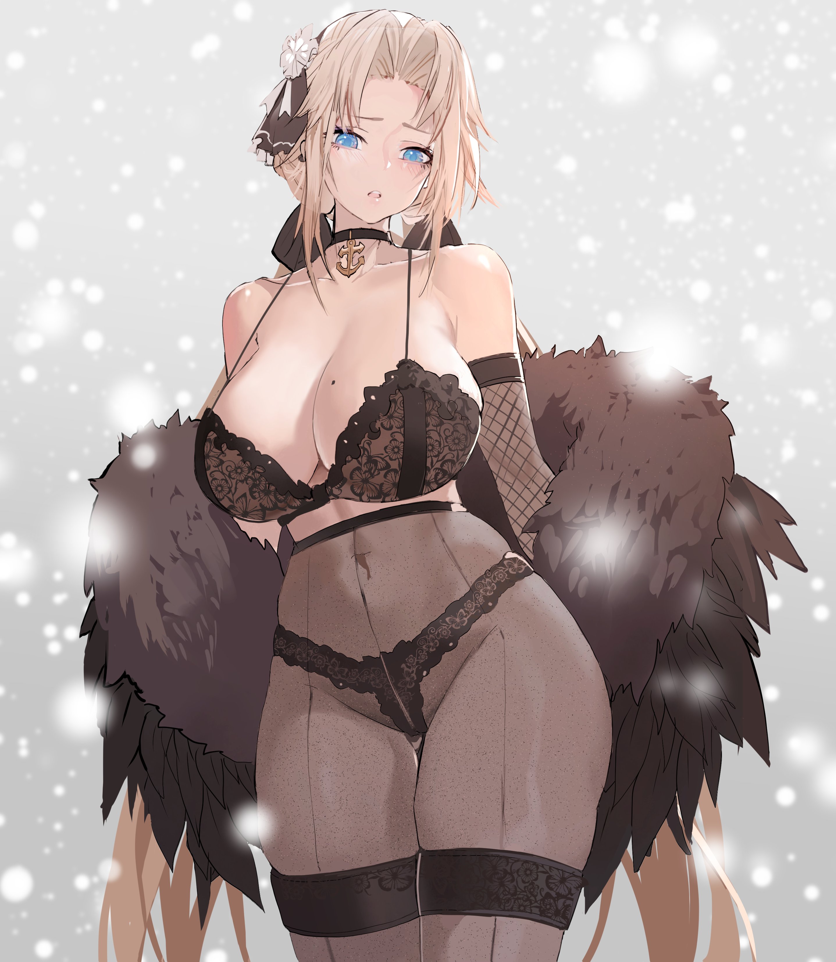 1girls, azur lane, beauty mark, big breasts, blonde hair, blue eyes, bra, breasts, cleavage, curvy, dishwasher1910, female, hourglass figure, huge breasts, inner sideboob, kronshtadt (azur lane), large breasts, light skin, light-skinned female, lingerie, long hair, mole on breast, northern parliament (azur lane), panties, pantyhose, thick thighs, underwear only, voluptuous