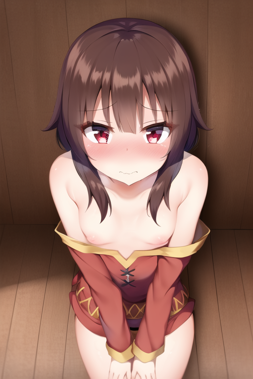 1girls, ai generated, blush, breasts, brown hair, embarrassed, eye contact, female, female only, kono subarashii sekai ni shukufuku wo!, legs together, looking at viewer, looking up, megumin, nipples, petite, pixai, red eyes, shy, small breasts, small chest, smaller female, solo, stable diffusion, tiny breasts, uncensored, wekilled god