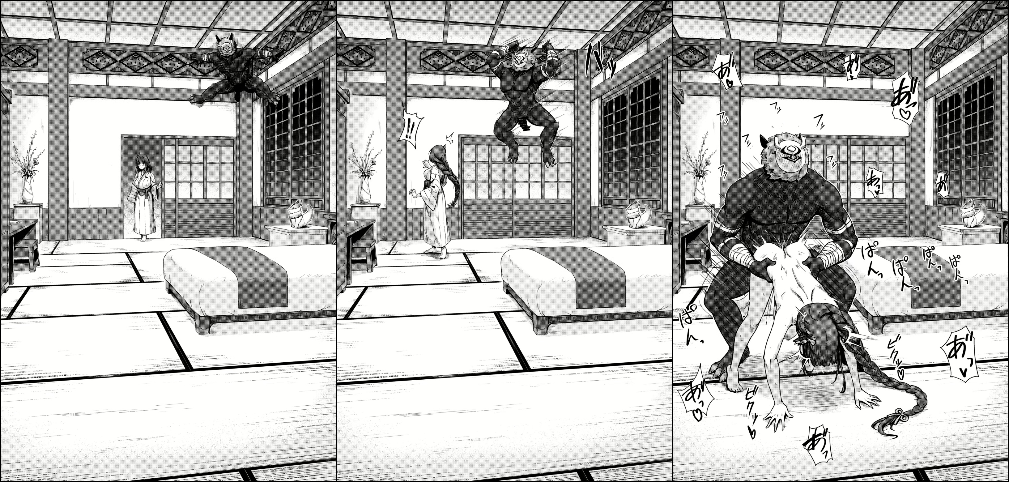 1boy, 1girls, ambush, bed, bedroom, bent over, black body, breasts, censor bar, censored, comic, doggy style, female, genshin impact, hilichurls (species), kimono, male, mask, monochrome, monster, muscular, muscular male, nipples, penis, raiden shogun, rape, sex, sliding doors, standing sex, surprised