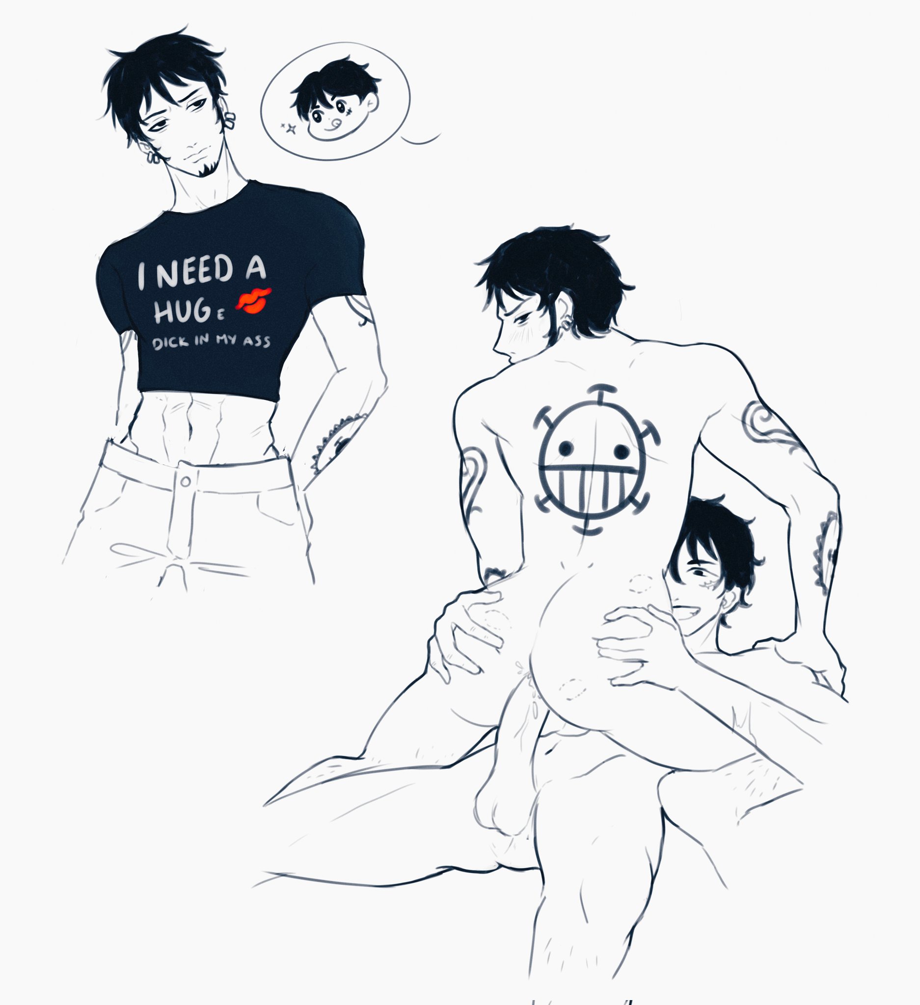 anal, gay, male, male only, male/male, monkey d luffy, one piece, tagme, text on clothing, trafalgar law, yaoi