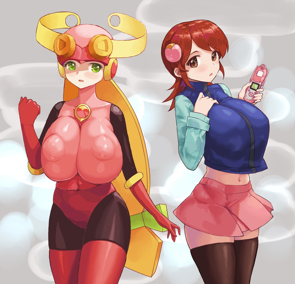 2girls alternate_breast_size big_breasts blush bodysuit breasts female female_only gloves helmet huge_breasts hyosang jacket leotard mayl_sakurai mega_man mega_man_battle_network multiple_girls navel pink_hair roll.exe skirt tagme thighhighs thighs