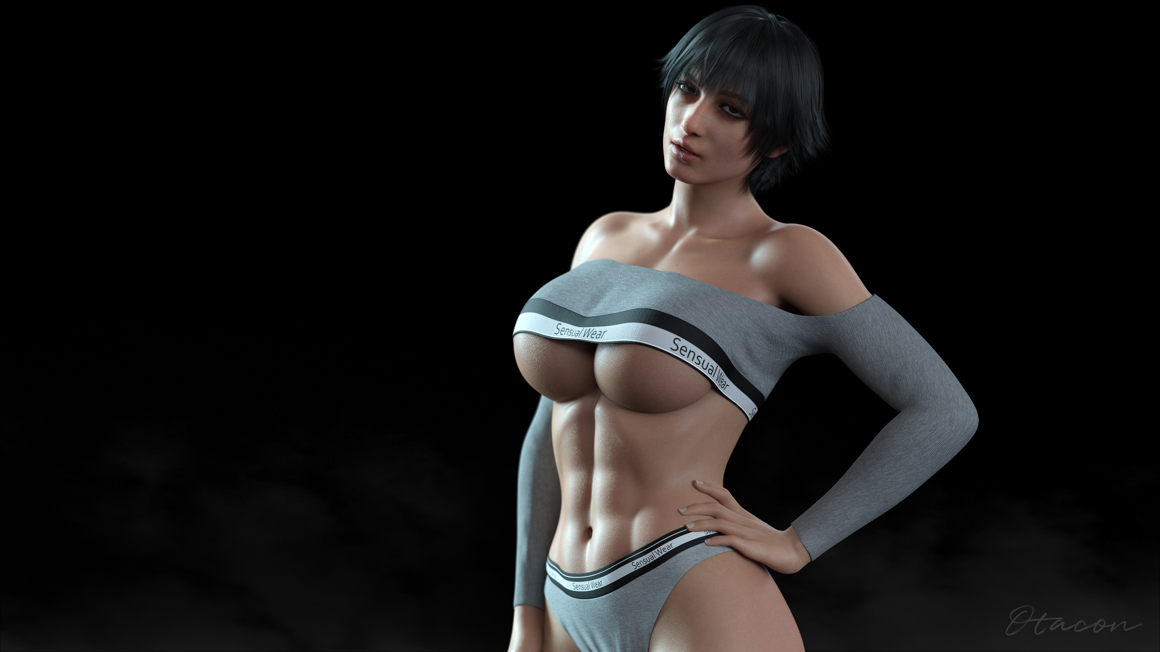 1girls, 3d, athletic, athletic female, bangs, bare midriff, big breasts, black hair, breasts, busty, capcom, crop top, devil may cry, devil may cry (series), devil may cry 5, female, female focus, female only, heterochromia, hourglass figure, lady (devil may cry), otacon212, short hair, solo, standing, tagme, thong, underboob, wide hips