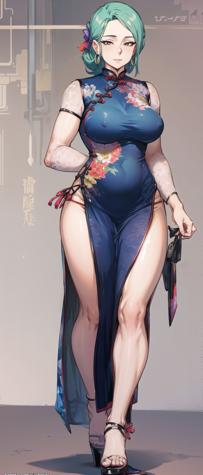 1girls, aaaletter, ai generated, big breasts, big thighs, braless, breasts, busty, cheongsam, chinese clothes, female, green hair, huge breasts, huge thighs, large breasts, large thighs, mature female, milf, nipple bulge, original, original character, qipao, stable diffusion, thick thighs, thighs, voluptuous