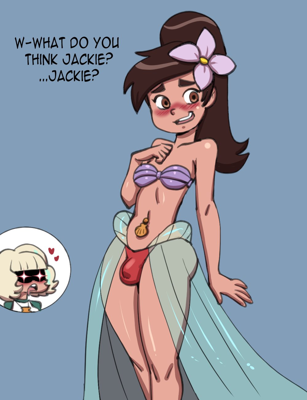 1boy, 1femboy, 1girls, ass, blush, brown hair, bulge, darkeros13, dialogue, disney, disney channel, disney xd, eyebrows, female, femboy, femboy mermaid, feminine male, flower, flower in hair, jackie lynn thomas, latino, light skin, light-skinned female, light-skinned male, long hair, male, marco diaz, orange eyes, panties, panty bulge, ponytail, princess marco, seashell bra, star vs the forces of evil, text, thighs, wide hips