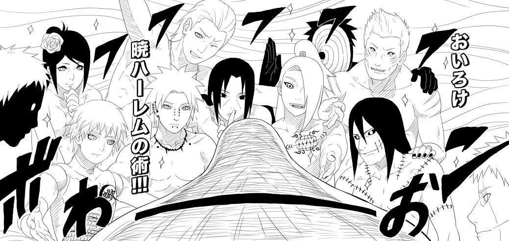 10boys 2girls 6+boys aju_(semai) akatsuki_(naruto) back deidara female goddess harem hidan hoshigaki_kisame kakuzu konan labret_piercing long_hair male milf monochrome multiple_boys multiple_girls nail_polish naruto naruto_(series) naruto_shippuden otsutsuki_kaguya pain_(naruto) parody reverse_harem sasori sharp_teeth smile teeth tobi topless_male translated uchiha_itachi uchiha_obito very_long_hair zetsu