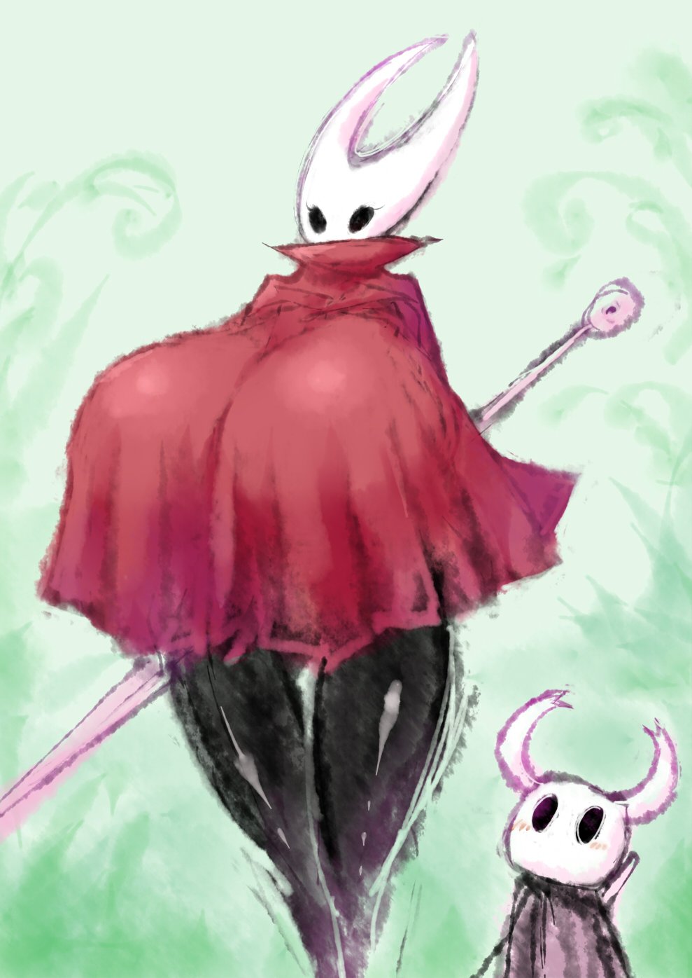 1boy 1girls 2023 2_b213(artist) 2b213 big_breasts blush blushing breasts gigantic_breasts hollow_knight hornet_(hollow_knight) horns huge_breasts larger_female protagonist_(hollow_knight) size_difference smaller_male sword top_heavy