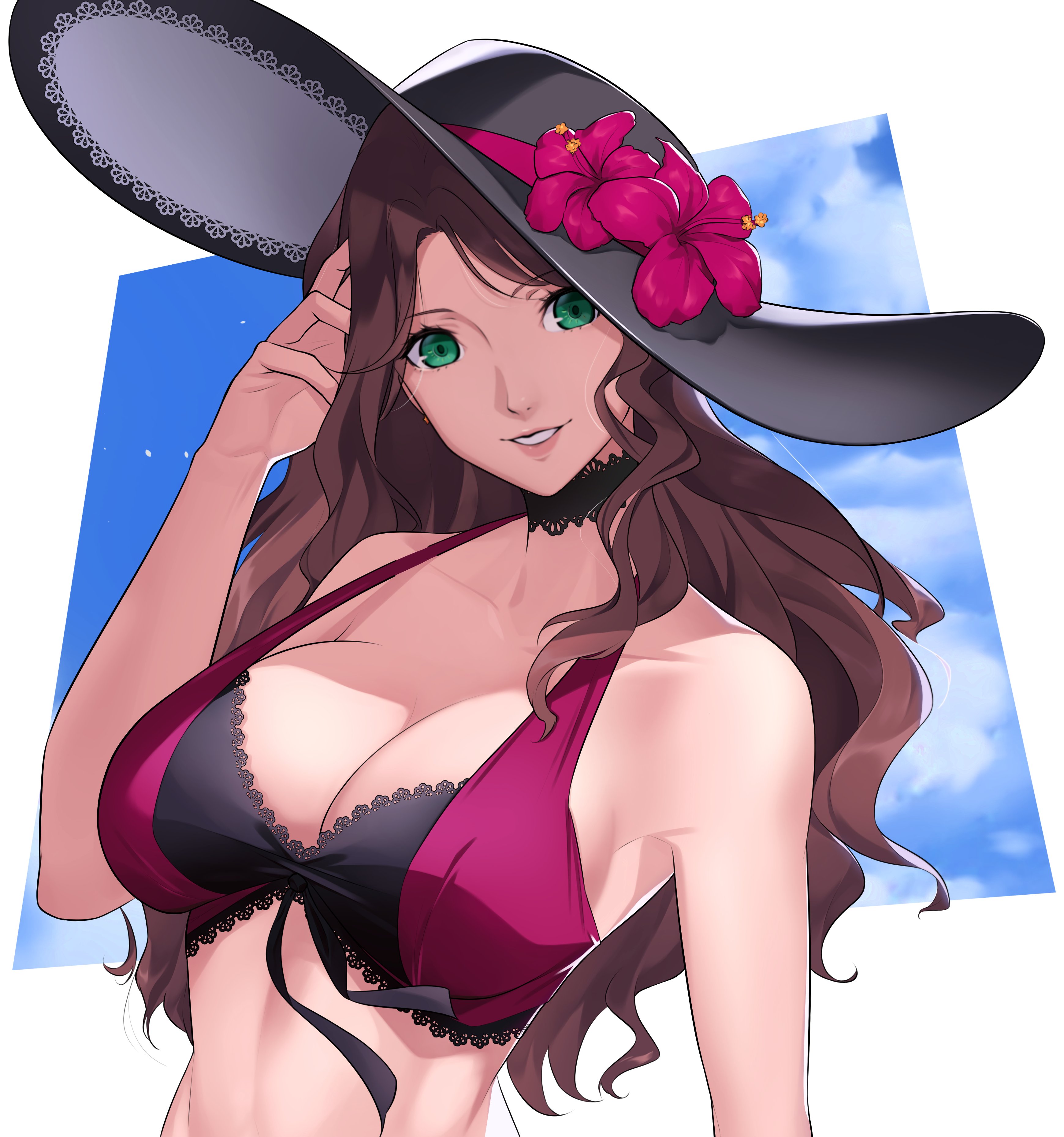 1girls, absurdres, alternate costume, bare shoulders, bikini, breasts, brown hair, cleavage, collarbone, dorothea arnault, dorothea arnault (summer), female, female only, fire emblem, fire emblem heroes, fire emblem: three houses, flower, green eyes, grin, hand in own hair, hat, hat flower, hibiscus, highres, large breasts, long hair, nintendo, official alternate costume, smile, solo, sun hat, swimsuit, two-tone bikini, upper body, wanderstillart, white background