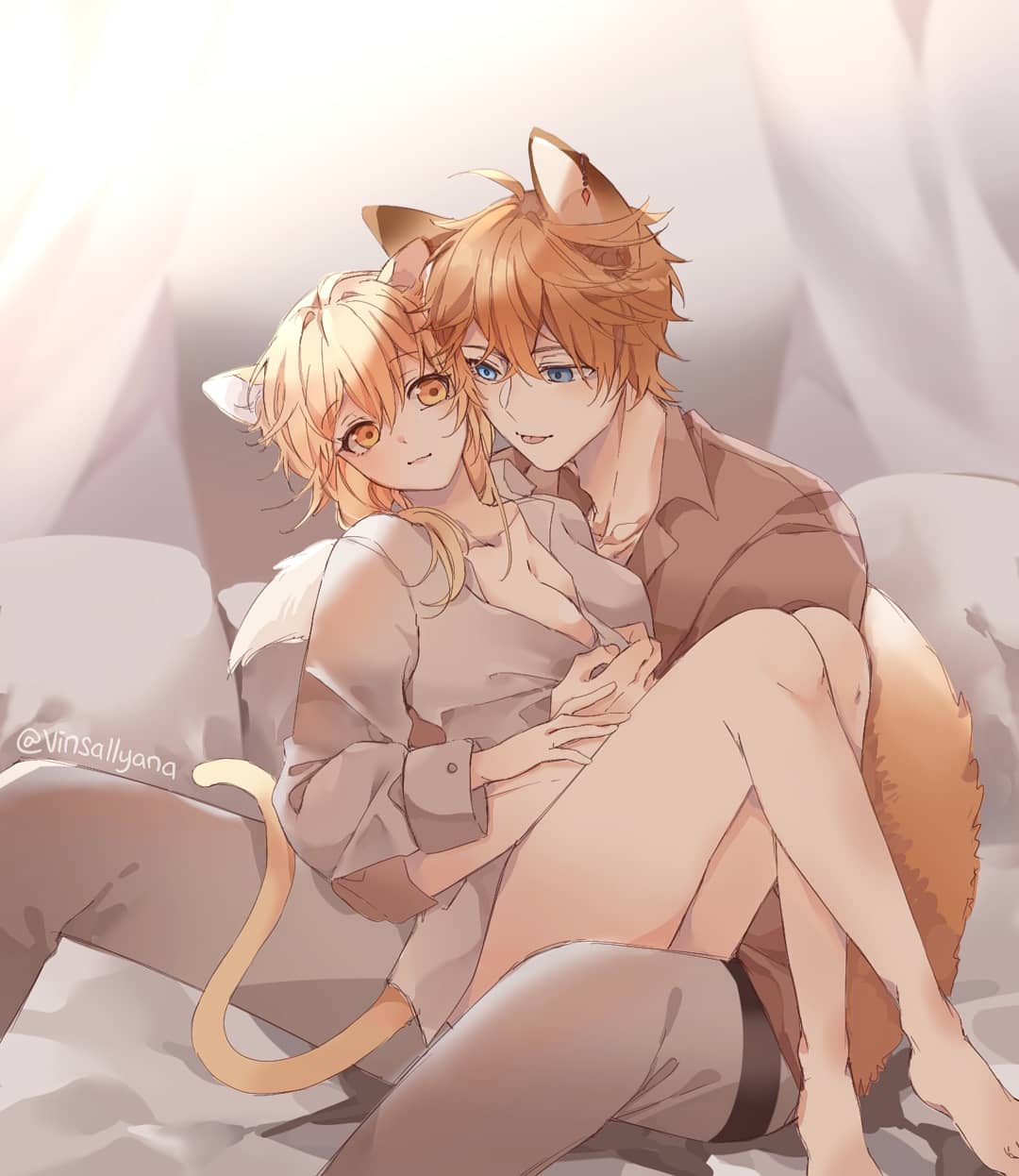 1boy, 1girls, animal ears, bare legs, blonde female, blonde hair, blue eyes, bottomless, boyfriends shirt, cat ears, cat tail, childe (genshin impact), cleavage, embrace, female, fox ears, fox tail, genshin impact, ginger, hugging, lumine (genshin impact), male, male/female, naked shirt, on lap, orange hair, romantic, sitting on lap, straight, suggestive, tail, tartaglia (genshin impact), wholesome