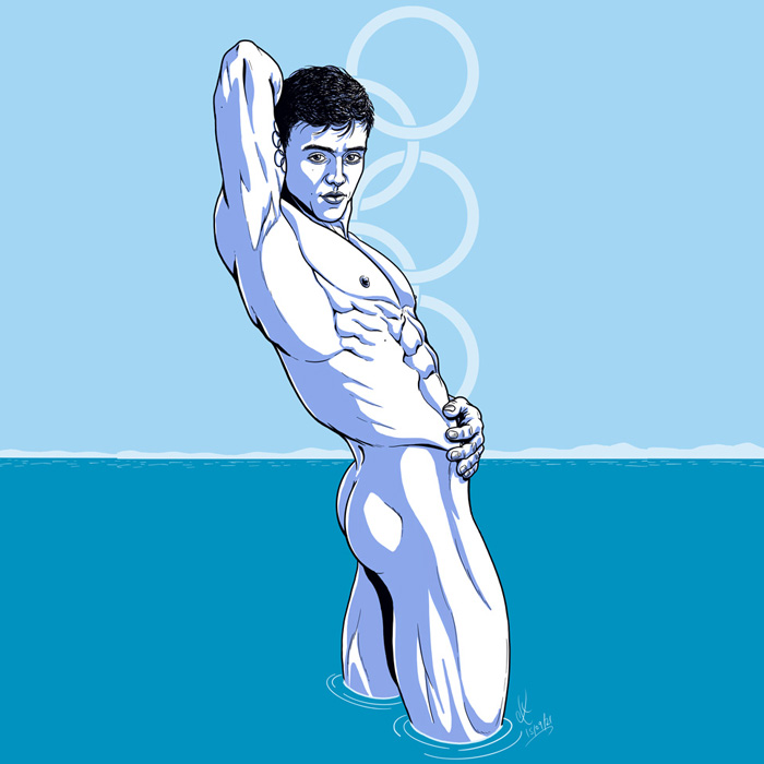 1boy abs art_of_clx athlete biceps caucasian caucasian_male celebrity looking_at_viewer looking_back male male_only muscles muscular muscular_male no_visible_genitalia pecs real_person smooth_skin solo solo_male standing tattoos tom_daley uncolored