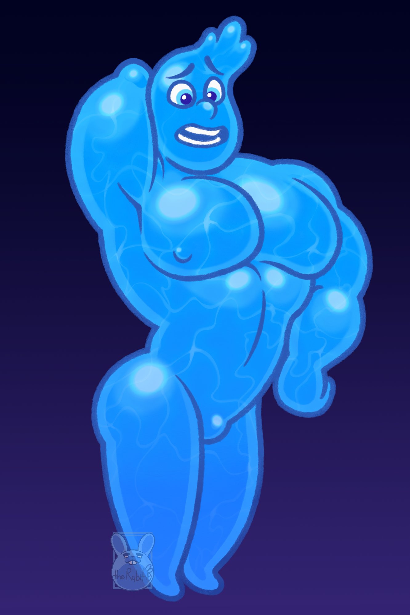 1boy anthro bara biceps big_muscles blue_body bottomless bulge disney male male_only moobs muscular muscular_male nervous nipples nude ornyrabi77 pecs pixar shirt showing_off solo therabit wade_ripple water