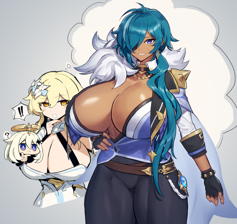 !! 3girls ? big_breasts blush breasts breasts_bigger_than_head busty chocolate chocolate_and_vanilla cleavage clothed clothed_female clothing dark-skinned_female dark_skin eyepatch female female_kaeya genderswap_(mtf) genshin_impact hair_over_one_eye huge_breasts kaeya_(genshin_impact) large_breasts light-skinned_female light_skin looking_at_breasts lumine_(genshin_impact) melon22 multiple_girls paimon_(genshin_impact) rule_63 thick_thighs thighs voluptuous