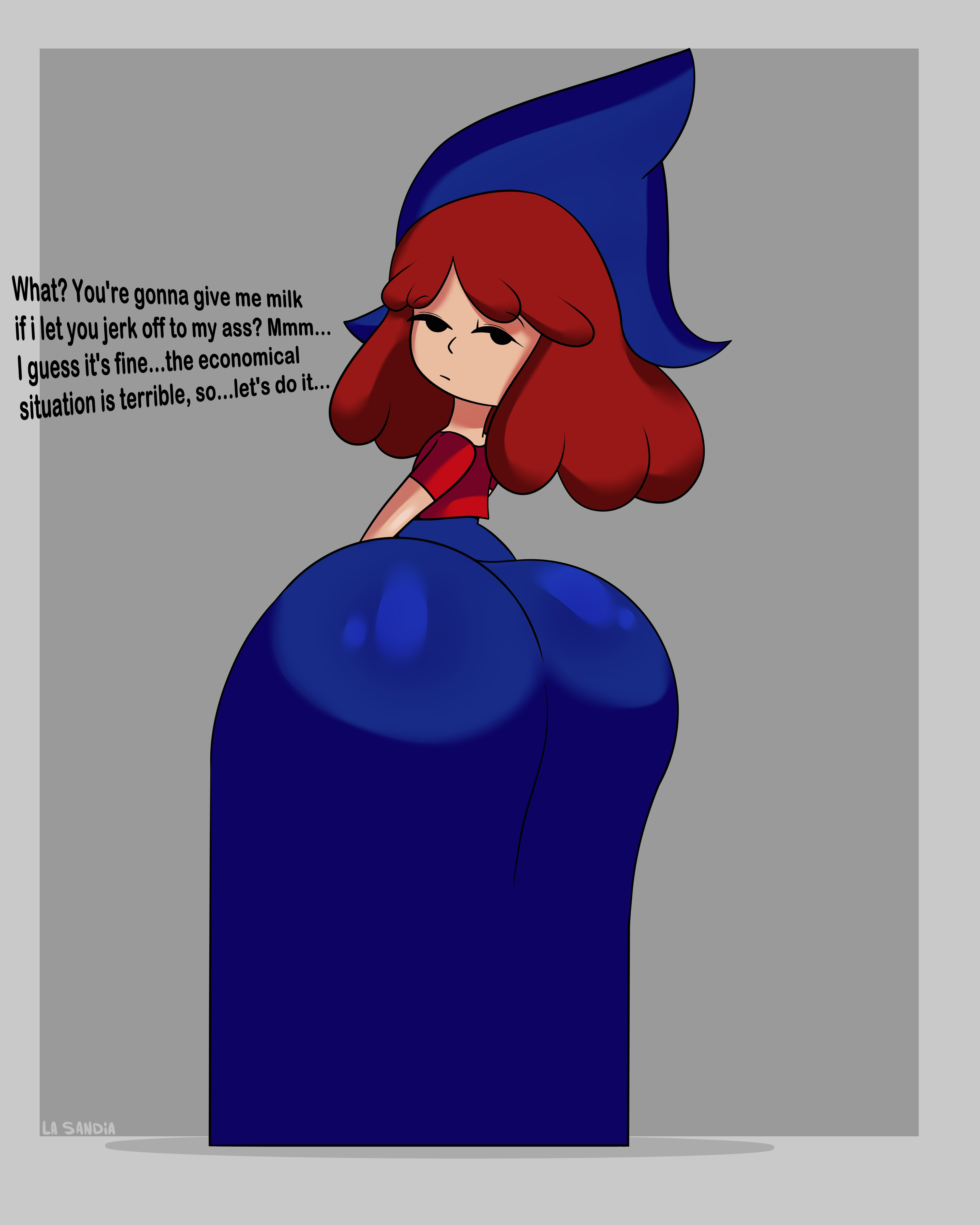 ?, 1girls, absurd res, aged up, alternate version at source, alternate version available, argentina, ass, background, big ass, big butt, blue clothes, blue clothing, blue skirt, bubble ass, bubble butt, clothed, clothing, dialogue, dress, english text, fat ass, female, flat chest, flat chested, ginger, ginger hair, jpeg, la sandia, las tres niñas (company), lenny face, mascot, milkgirl 3 (tresniñas), mob face, no sex, red clothes, red clothing, red hair, red shirt, shortstack, simple background, tagme, tagme (character), text