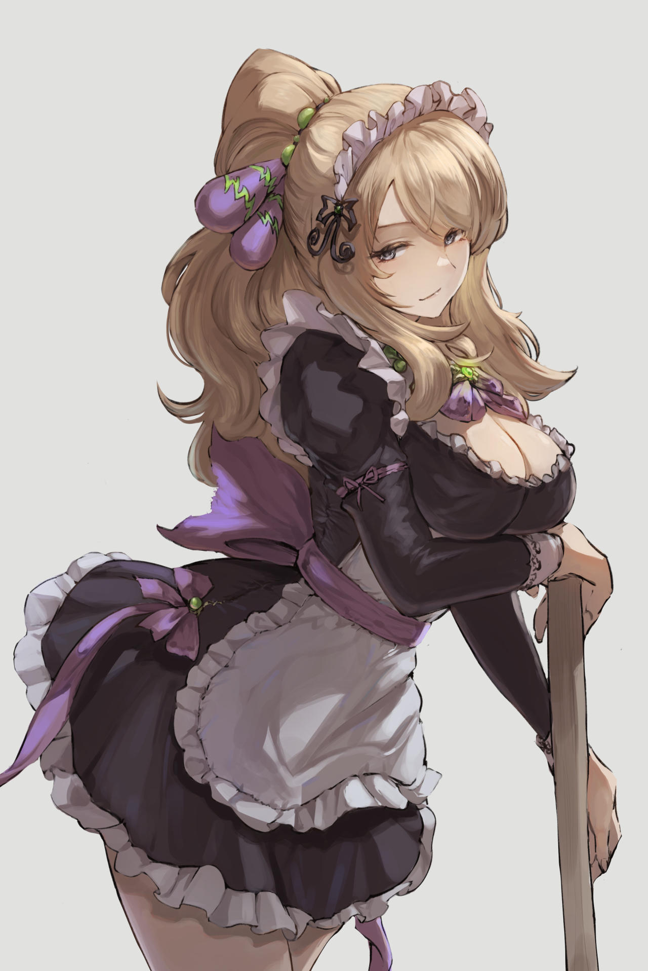 1girls apron blonde_hair bowtie breasts brooch broom cynthia_(pokemon) enmaided grey_eyes hair_ornament jojobirdz large_breasts light-skinned_female light_skin looking_at_viewer maid maid_apron maid_headdress maid_uniform nintendo pokemon pokemon_dppt ponytail purple_sash sash spiritomb