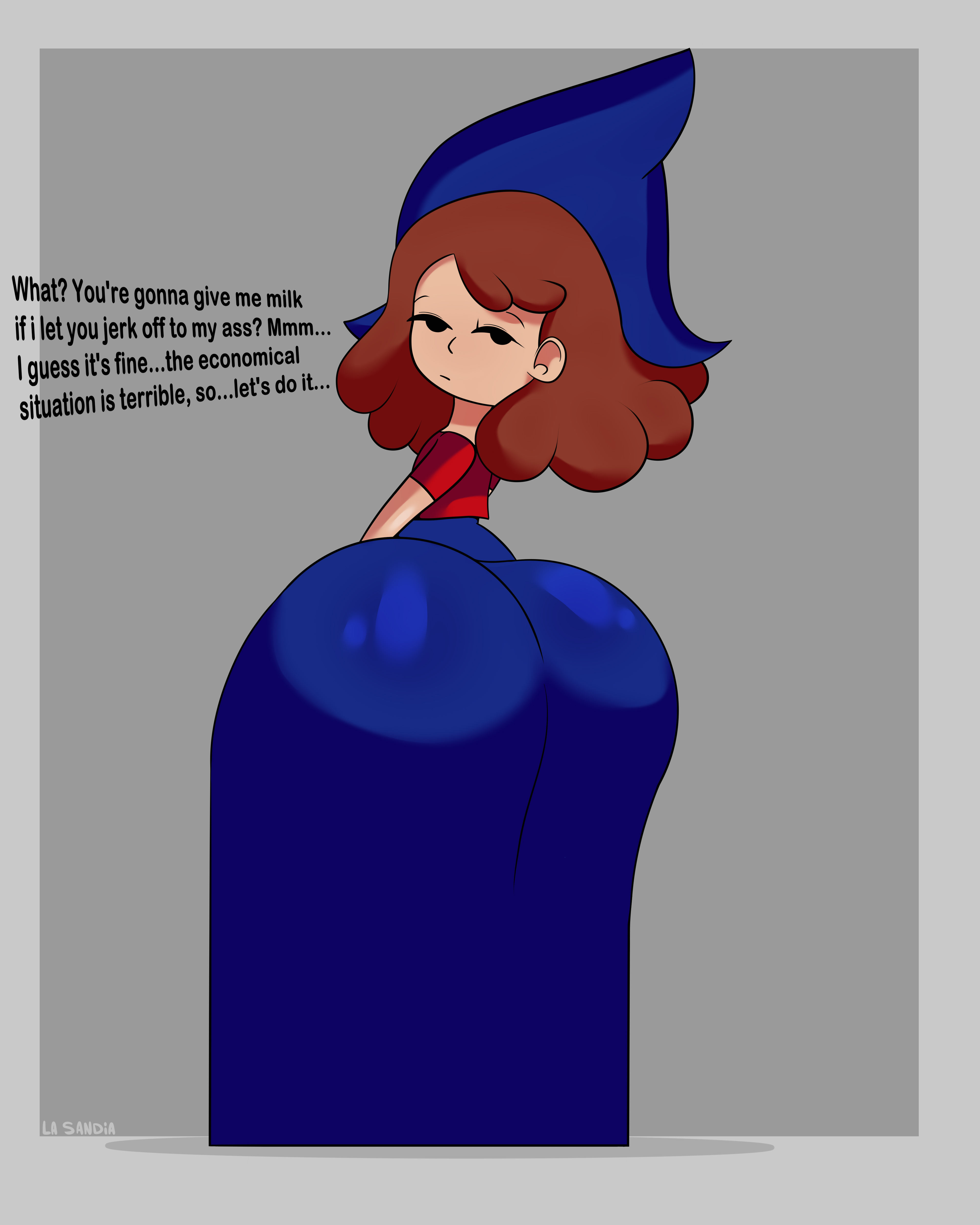 ?, 1girls, aged up, alternate version at source, alternate version available, argentina, ass, background, big ass, big butt, blue clothes, blue clothing, blue skirt, brown hair, bubble ass, bubble butt, clothed, clothing, dialogue, english text, fat ass, female, flat chest, flat chested, la sandia, las tres niñas (company), lenny face, mascot, milkgirl 1 (tresniñas), mob face, no sex, red clothes, red clothing, red shirt, shortstack, simple background, tagme, tagme (character), text