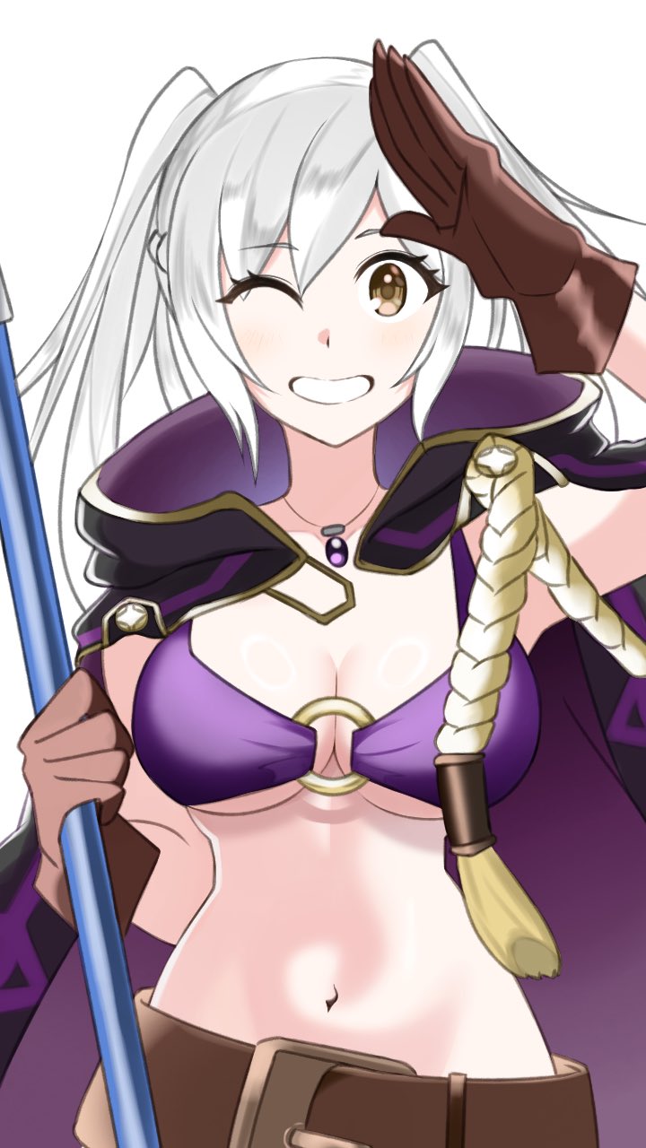 1girls alternate_costume belt bikini breasts brown_belt brown_eyes brown_gloves cleavage female female_only fire_emblem fire_emblem_awakening fire_emblem_heroes gloves highres holding holding_polearm holding_weapon jacket jacket_on_shoulders long_hair looking_at_viewer navel nintendo o-ring o-ring_bikini official_alternate_costume ondur one_eye_closed polearm purple_bikini purple_swimsuit robin_(female)_(summer)_(fire_emblem) robin_(fire_emblem) robin_(fire_emblem)_(female) smile solo swimsuit twintails underboob weapon white_background white_hair