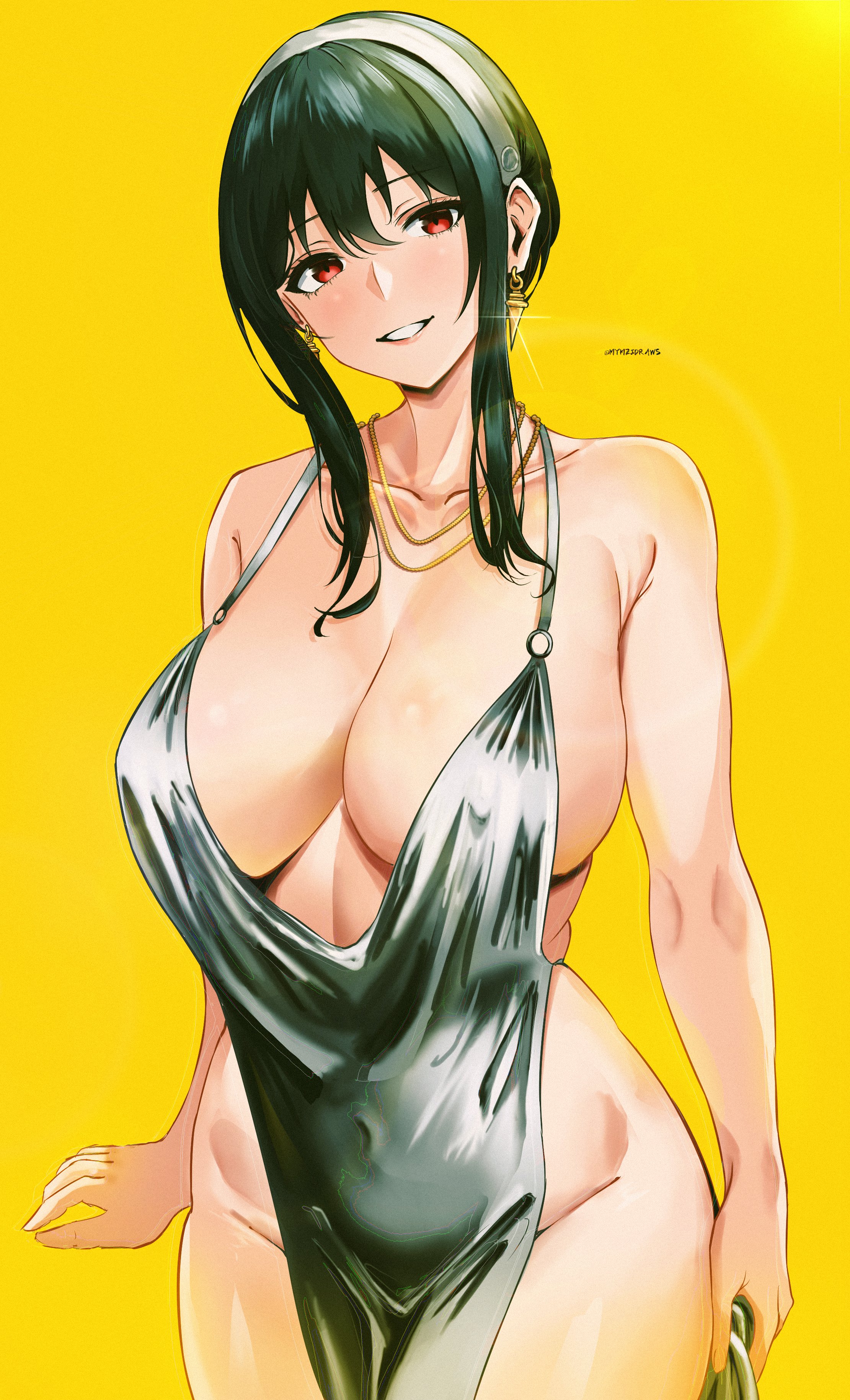 1girls, big breasts, breasts, busty, child bearing hips, cleavage, covered navel, dress, female, female only, green hair, hi res, large breasts, legs, light skin, light-skinned female, looking at viewer, mymzi (mymzidraws), no bra, no panties, pelvic curtain, red eyes, smile, spy x family, thick thighs, thighs, voluptuous, yor briar