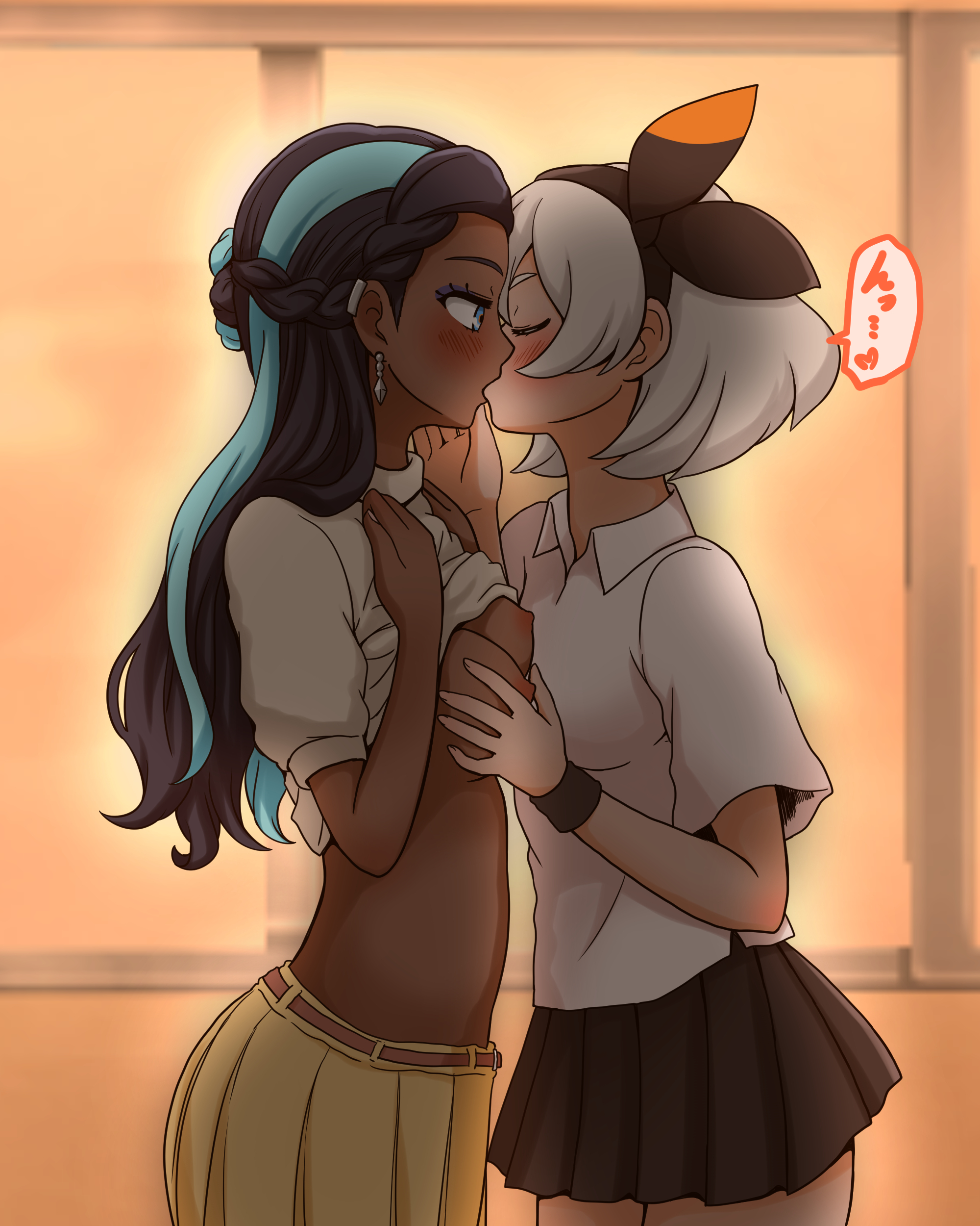 2girls, bea (pokemon), beltskirt, black hair, black skirt, blue eyes, blue highlights, blue streak, breasts, classroom, closed eyes, ear clip, earrings, eyeshadow, female, girls kissing, grey hair, hair bun, hairband, hand on breast, highlights (coloring), kissing, kurosawa karura, long hair, medium breasts, multiple females, multiple girls, nessa (pokemon), nintendo, nipples, pokemon, pokemon ss, school uniform, schoolgirl, shirt, shirt lift, short hair, skirt, streaked hair, white shirt, wristband, yellow skirt, yuri