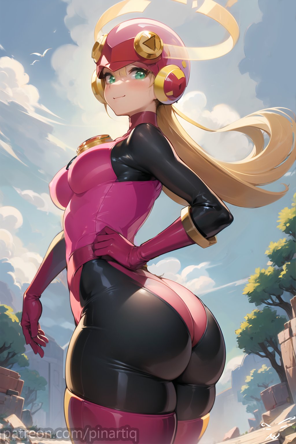 1girls ai_generated big_ass big_breasts blonde_hair blush bodysuit breasts busty gloves green_eyes hand_on_hip helmet hourglass_figure large_breasts leotard long_gloves looking_at_viewer mega_man mega_man_battle_network ponytail pose posing roll.exe sensual skin_tight stable_diffusion thighhighs thighs wide_hips