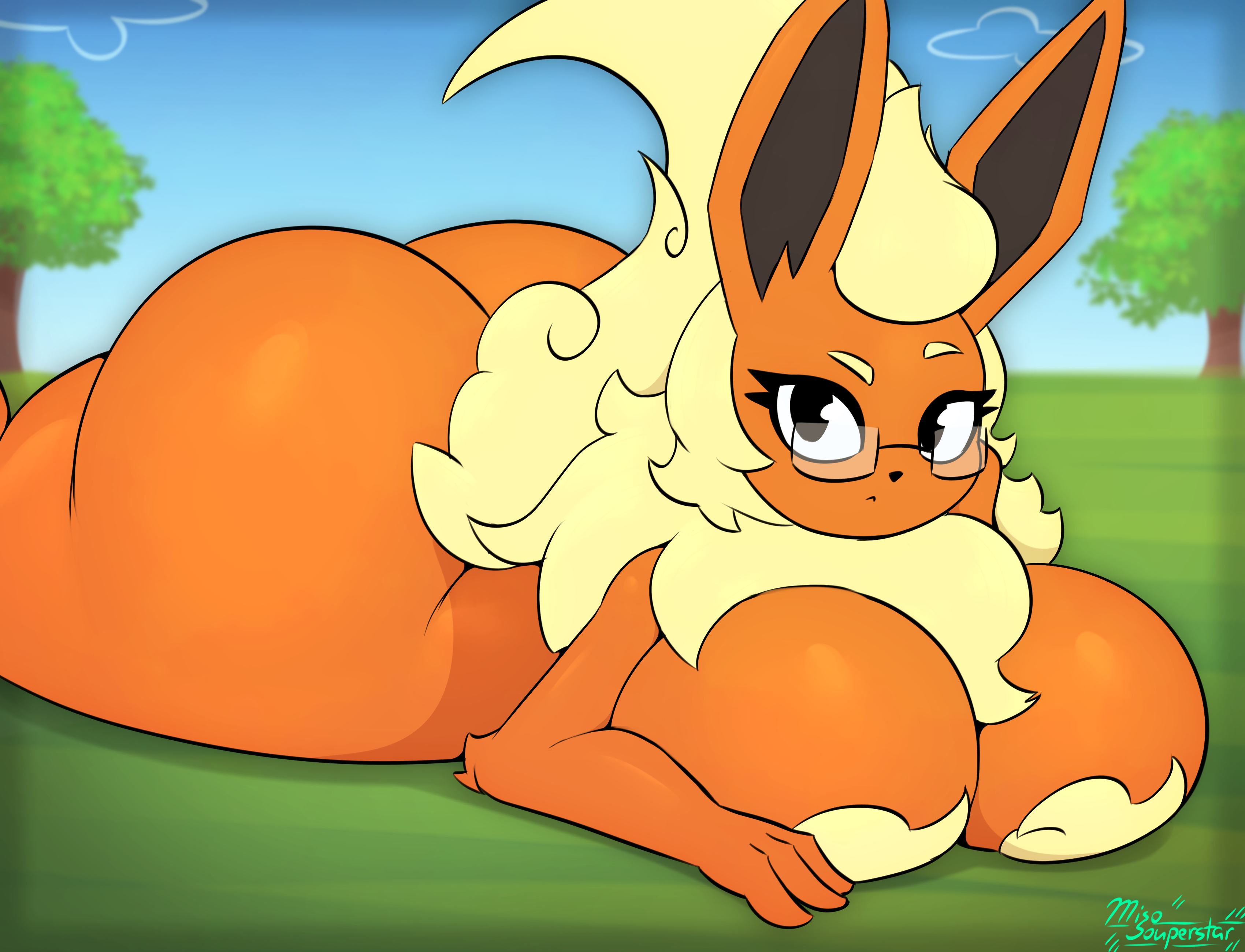 1girls, 2023, anthro, artist name, ass, big ass, big ears, black eyes, black eyewear, black glasses, blonde hair, breasts, canid, canine, eyewear, eyewear only, fat ass, female, female focus, female only, flareon, front view, frown, fur, game freak, glasses, huge ass, huge breasts, huge butt, huge thighs, hyper ass, hyper butt, looking at viewer, lying, lying on ground, lying on stomach, mammal, miso souperstar, nintendo, nude, on front, on grass, orange fur, outside, plant, pokemon, pokemon (species), pokemon rgby, raised eyebrow, simple background, solo, thick thighs, thighs, tree, yellow fur
