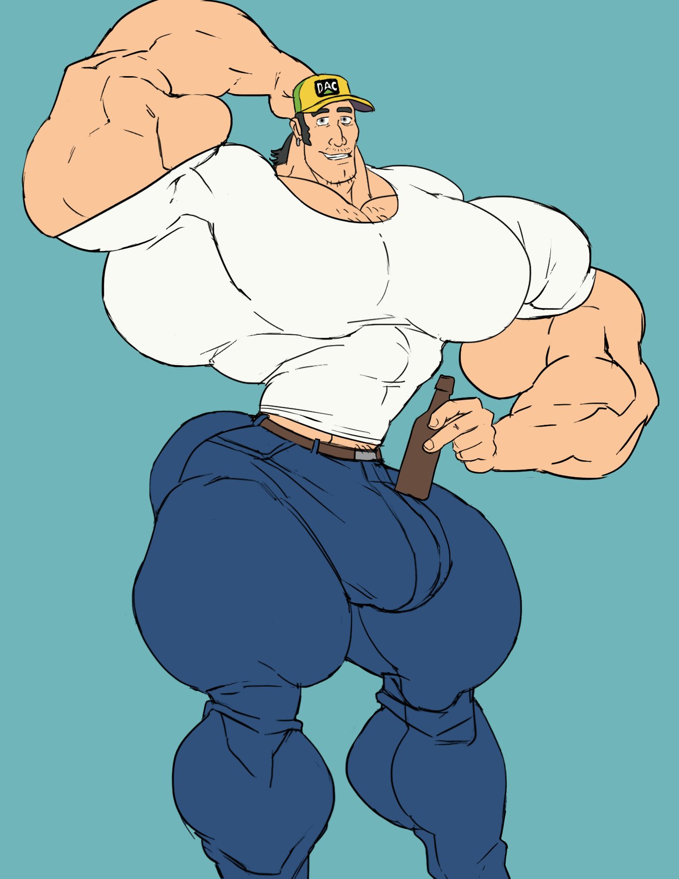 bara baseball_cap beer beer_bottle big_bulge big_muscles bless_the_harts bottle bulge flaccid fully_clothed hand_behind_head hat human jeans male male_only muscles muscular pants remert shirt solo solo_male wayne_edwards