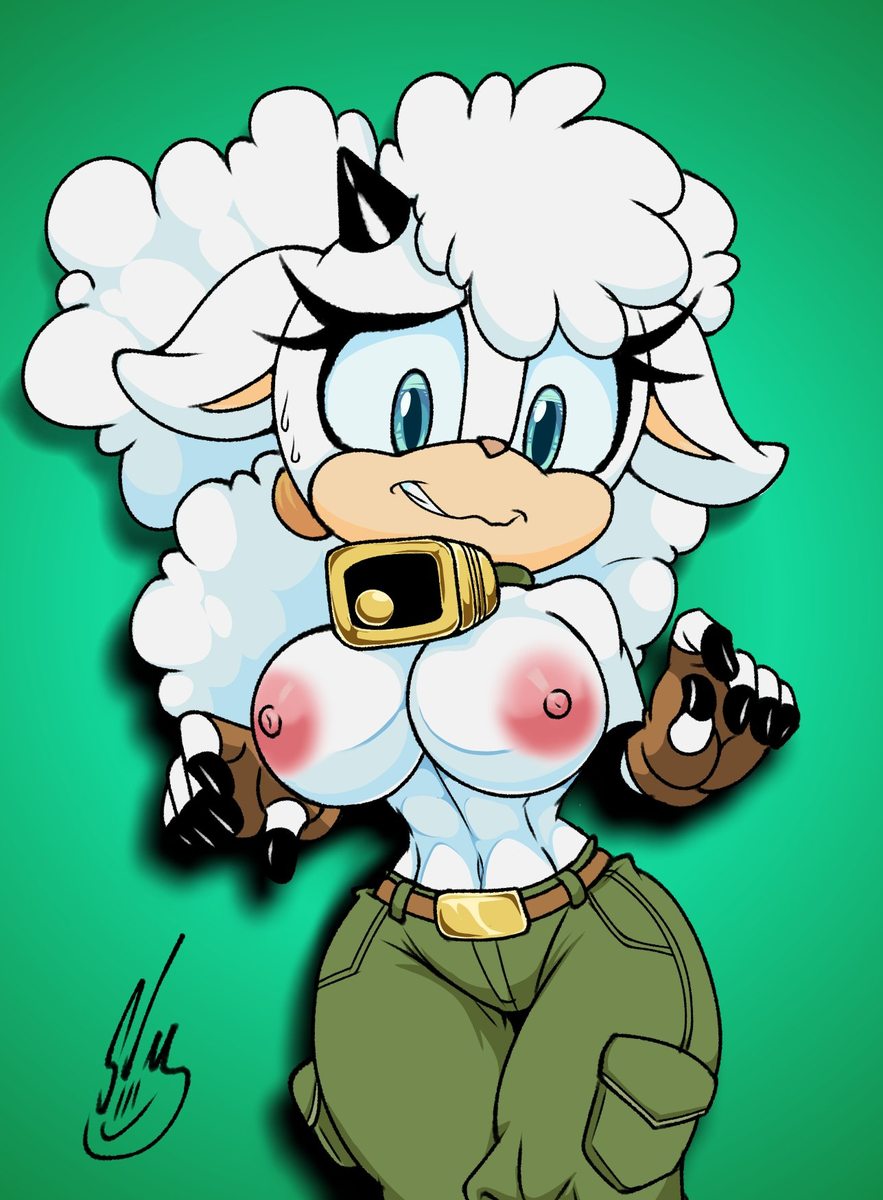 barely_sly bell bell_collar belt big_breasts blue_eyes cargo_pants collar ears_down fingerless_gloves fluffy fluffy_hair gloves hairband horn idw_comics idw_publishing lanolin_the_sheep large_breasts looking_at_viewer looking_down midriff mobian_(species) nervous nervous_smile nipples sega sheep sheep_girl sonic_(series) sonic_the_hedgehog_(comics) sonic_the_hedgehog_(idw) sonic_the_hedgehog_(series) sweat sweatdrop tagme white_body white_fur white_hair