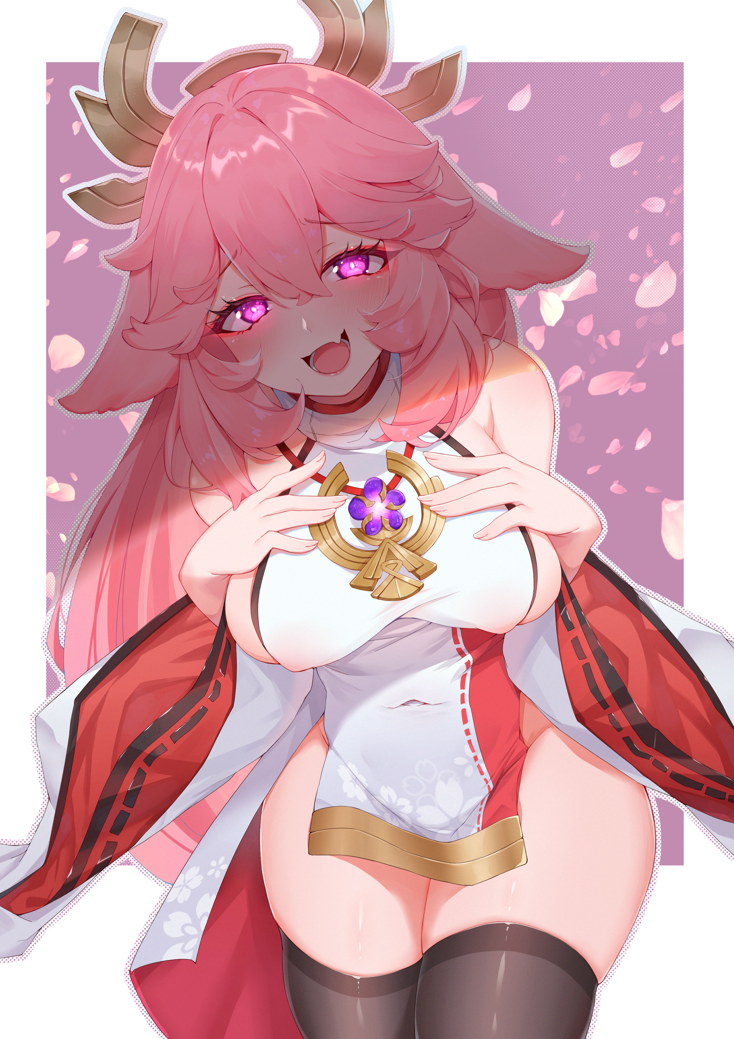 breasts, cheeky, female, fox, fox ears, fox girl, genshin impact, glowing eyes, kemonomimi, large breasts, open mouth, pink hair, smile, solo female, thick thighs, yae miko